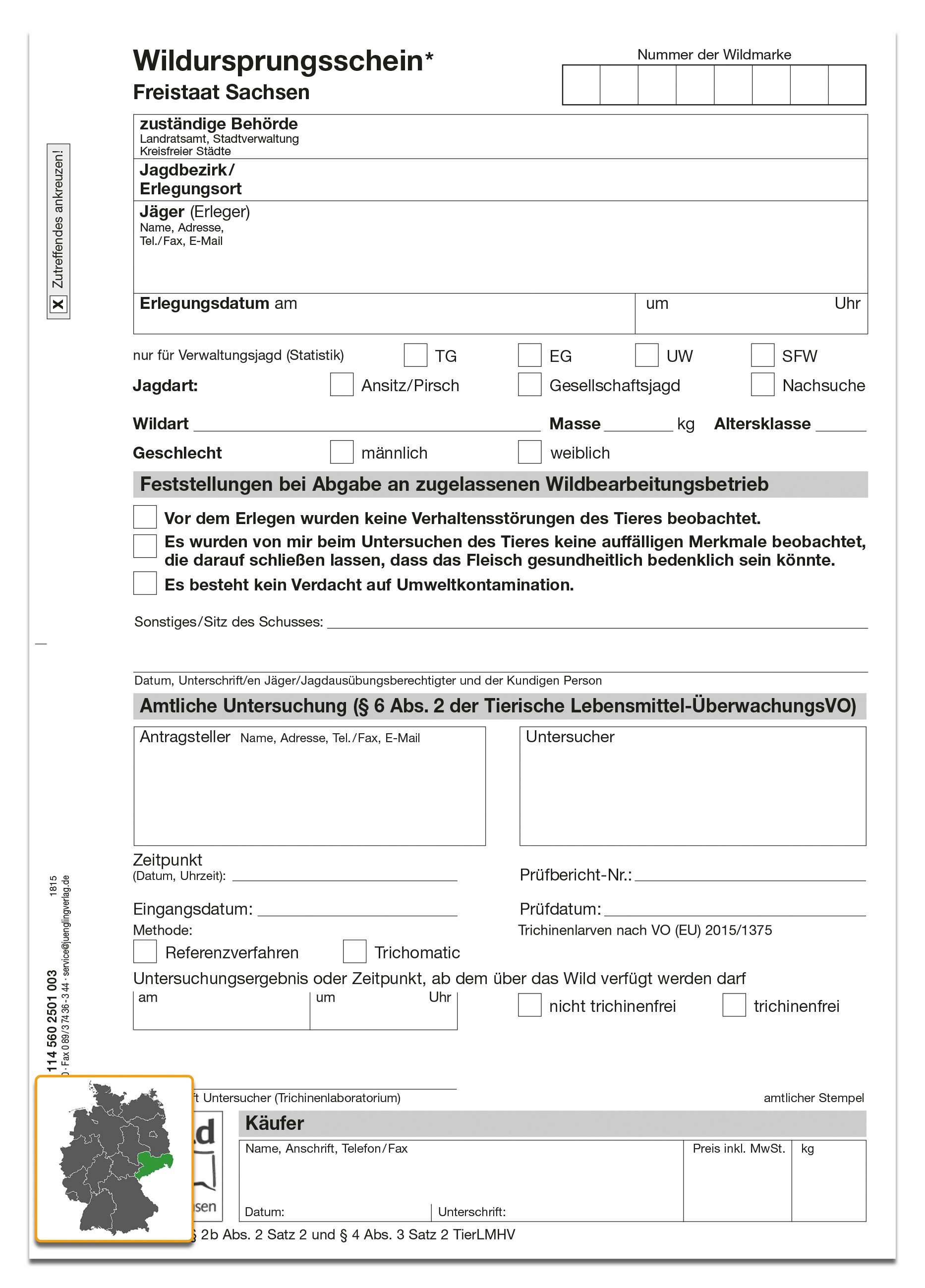 Wildursprungsschein A5, 3-fach, VO (EU) 2015/1375