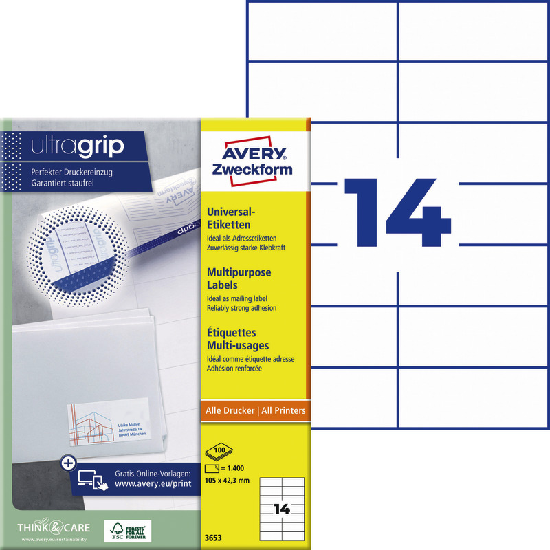 AVERY® Zweckform Universal-Etiketten 3653, permanent haftend, weiß, B x H: 105 x 42, 3 mm, Pack: 1.400 Stück