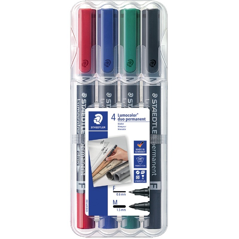 STAEDTLER Permanentmarker Lumocolor® duo 384 F, Etui mit 4 farbsortierten Stiften - farbig sortiert