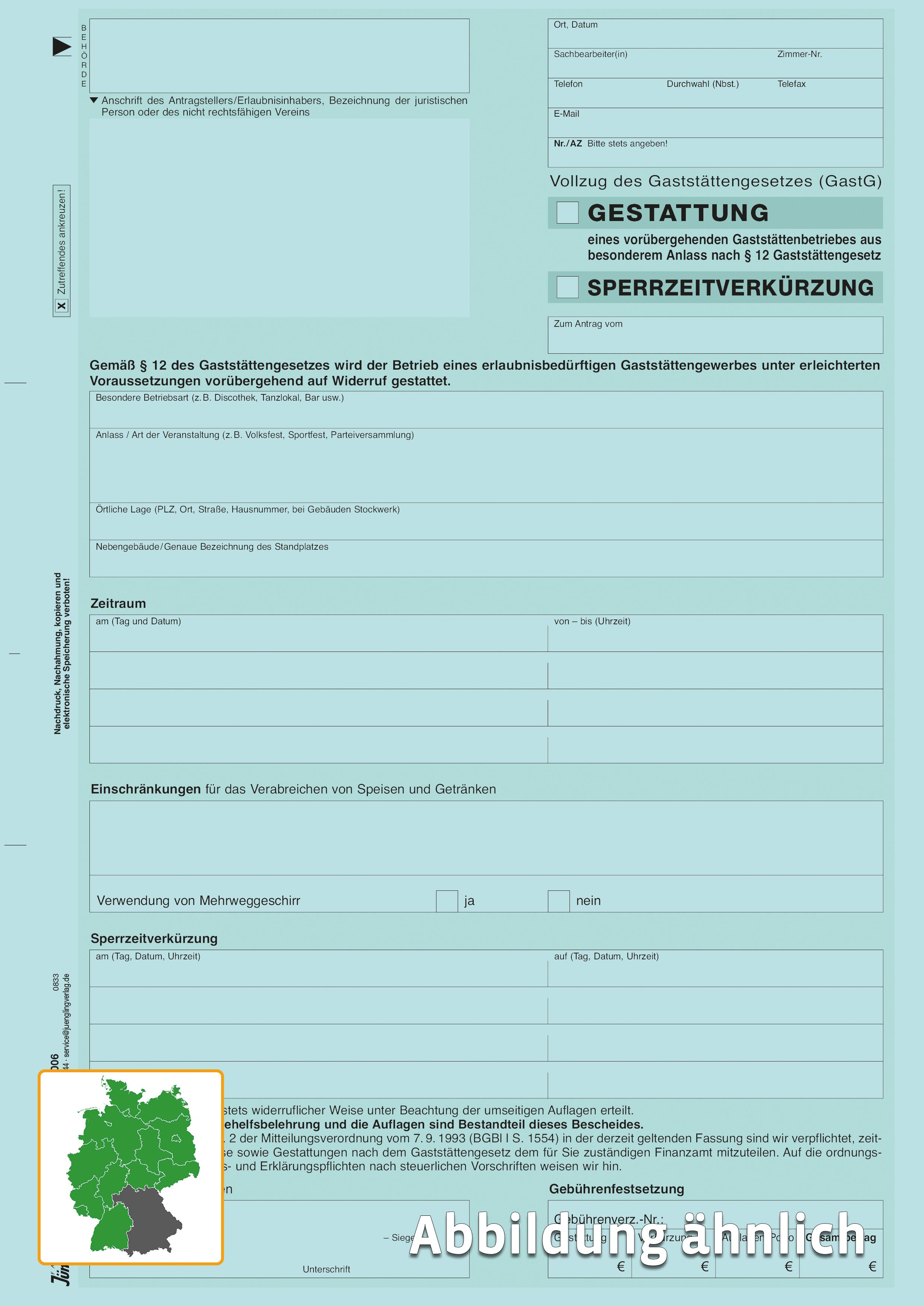 Gestattung mit Sperrzeitverkürzung § 12 GastG, A4 6-fach Gestattung mit Sperrzeitverkürzung § 12 GastG, A4 6-fach