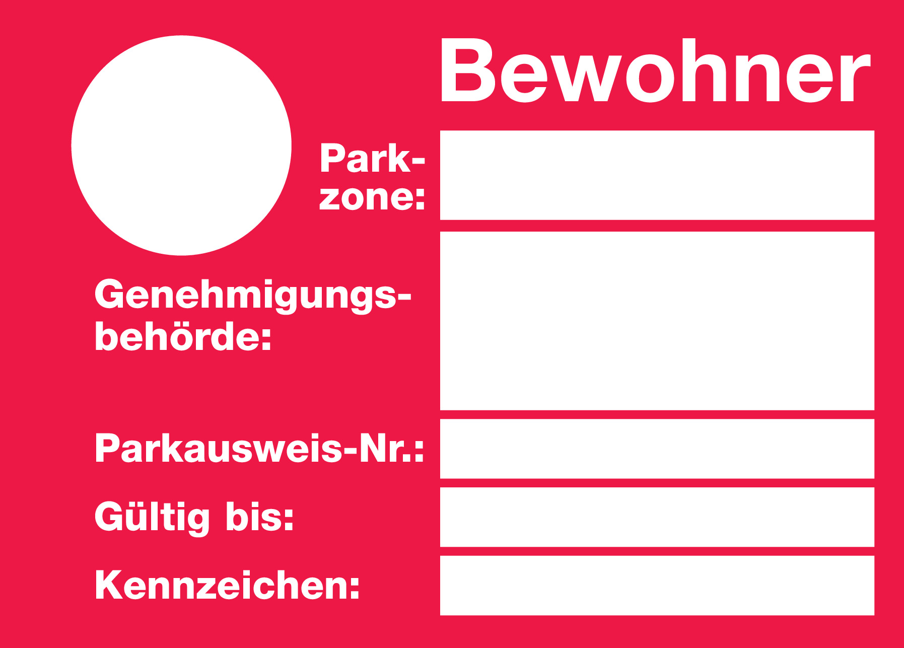 Bewohner-Parkausweis, rot, mit Parkzonen-Feld Bewohner-Parkausweis, rot, mit Parkzonen-Feld