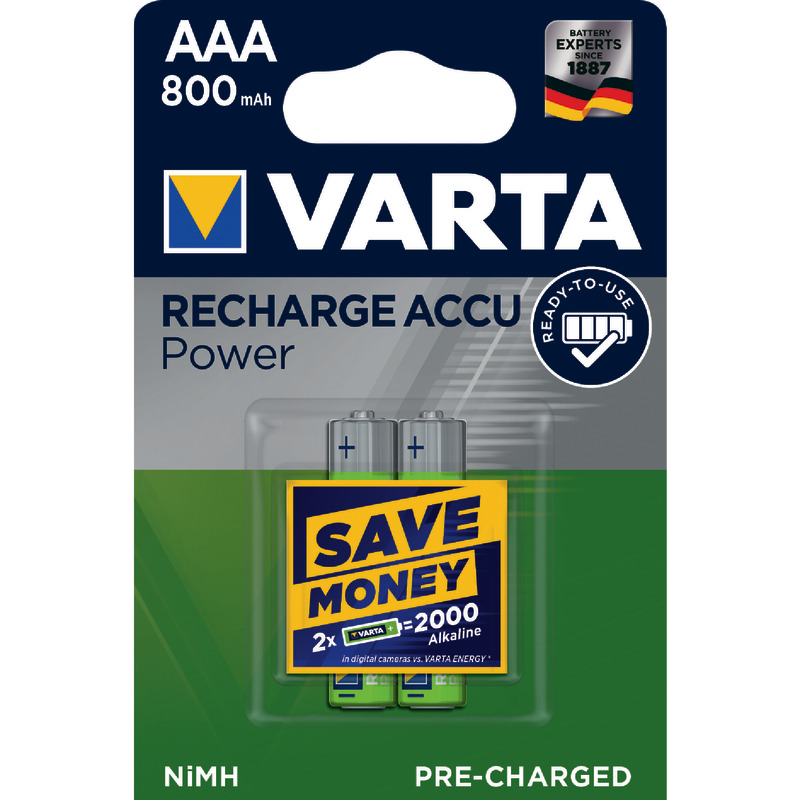 VARTA Akku Longlife, Mikro (AAA) 800 mAh, HR03, Packung: 2 Stück