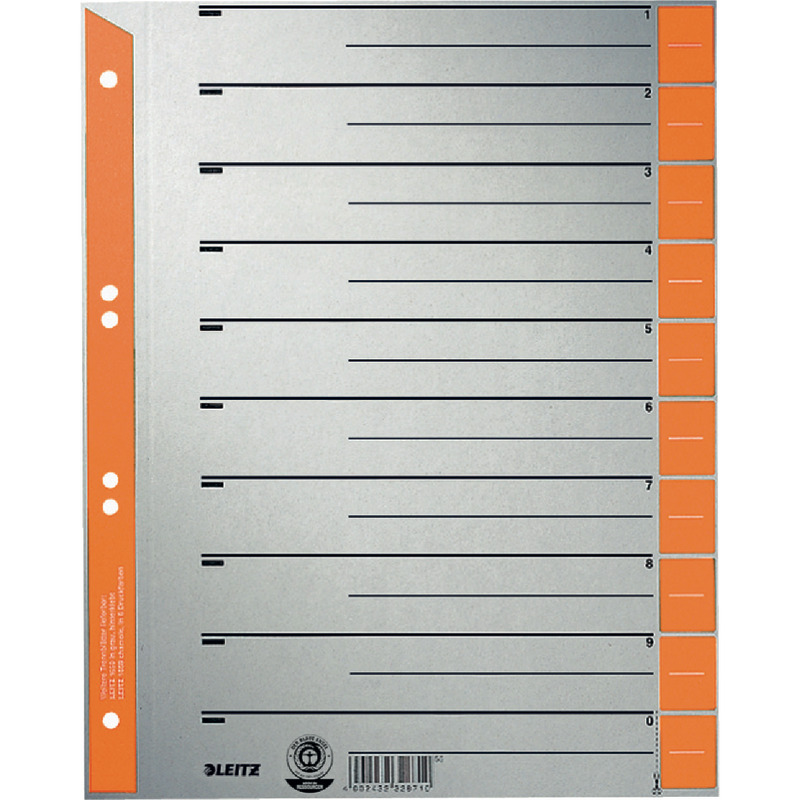 LEITZ Trennblätter 1652 grau mit farbigen Taben, DIN A4, 230g Karton, Packung: 100 Stück - orange