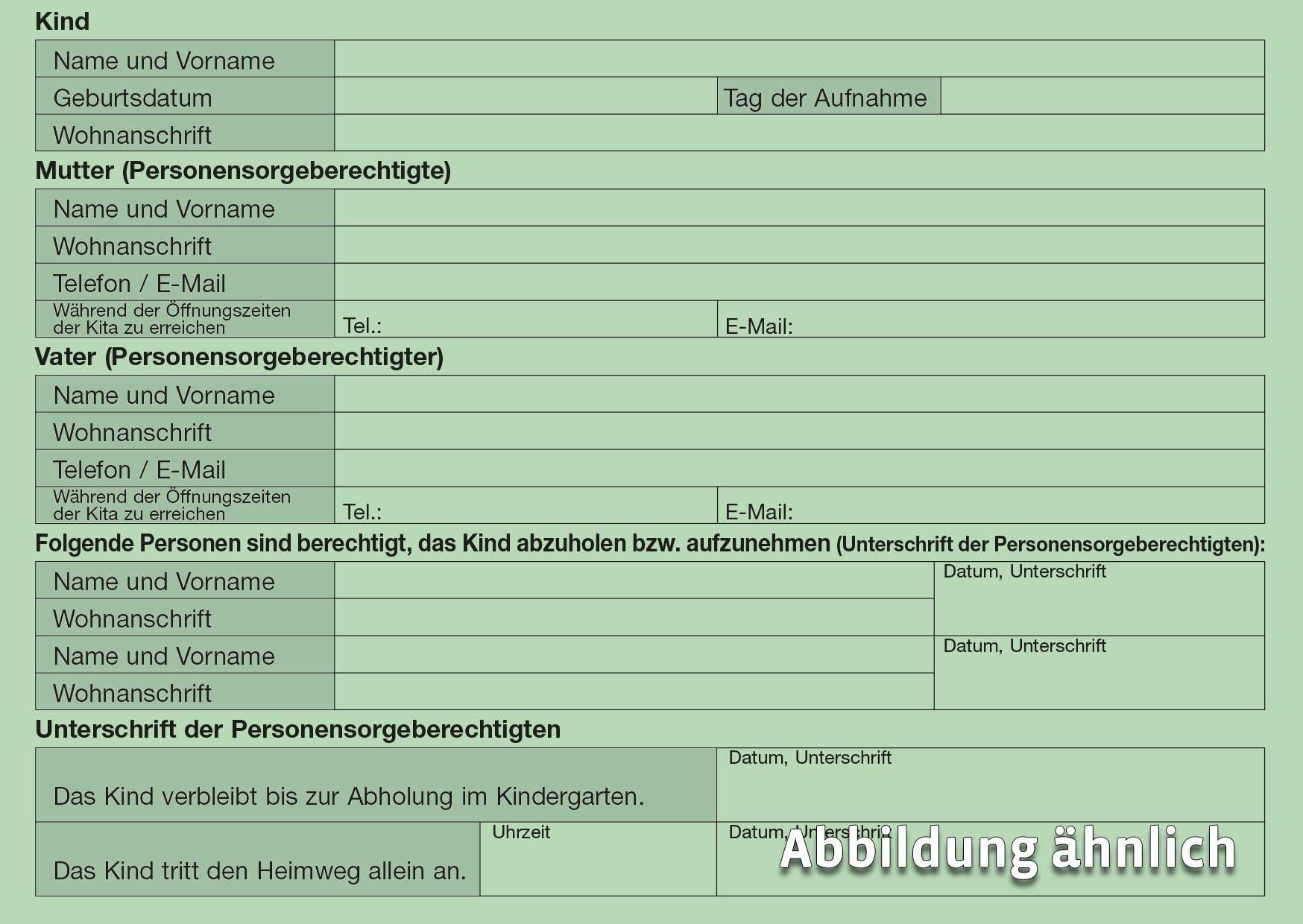 Personensorgeberechtigten-Kartei, Kita, A6, 1-fach