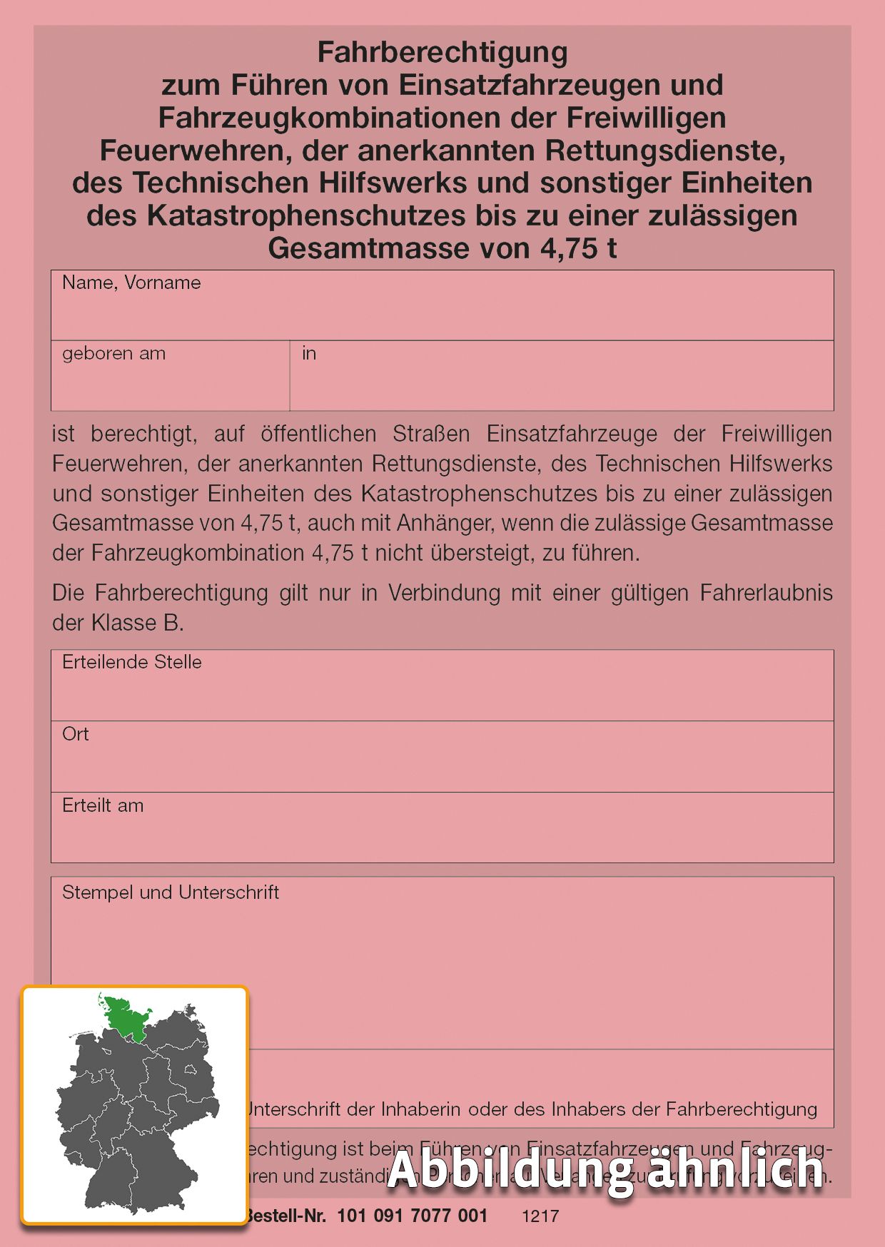 Fahrberechtigung für Einsatzfahrzeuge bis 4, 75 t, rosa, DIN A6