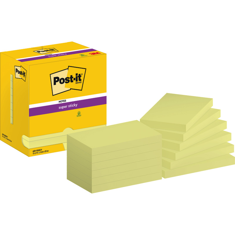 Post-it® Super Sticky Notes, Gelb, 76 mm x 127 mm, 90 Blatt/Block, 12 Blöcke/Packung