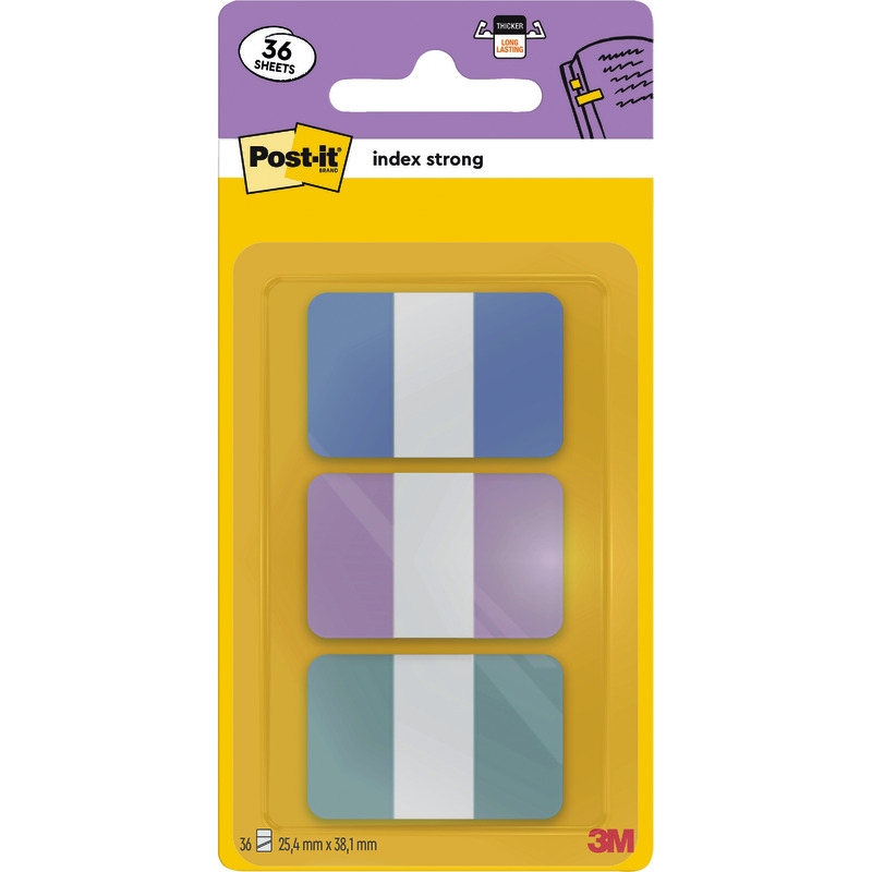 Post-it® Index Strong Tabs, 25, 4 x 38 mm, Pastellfarben sortiert, 3 x 12 Blatt