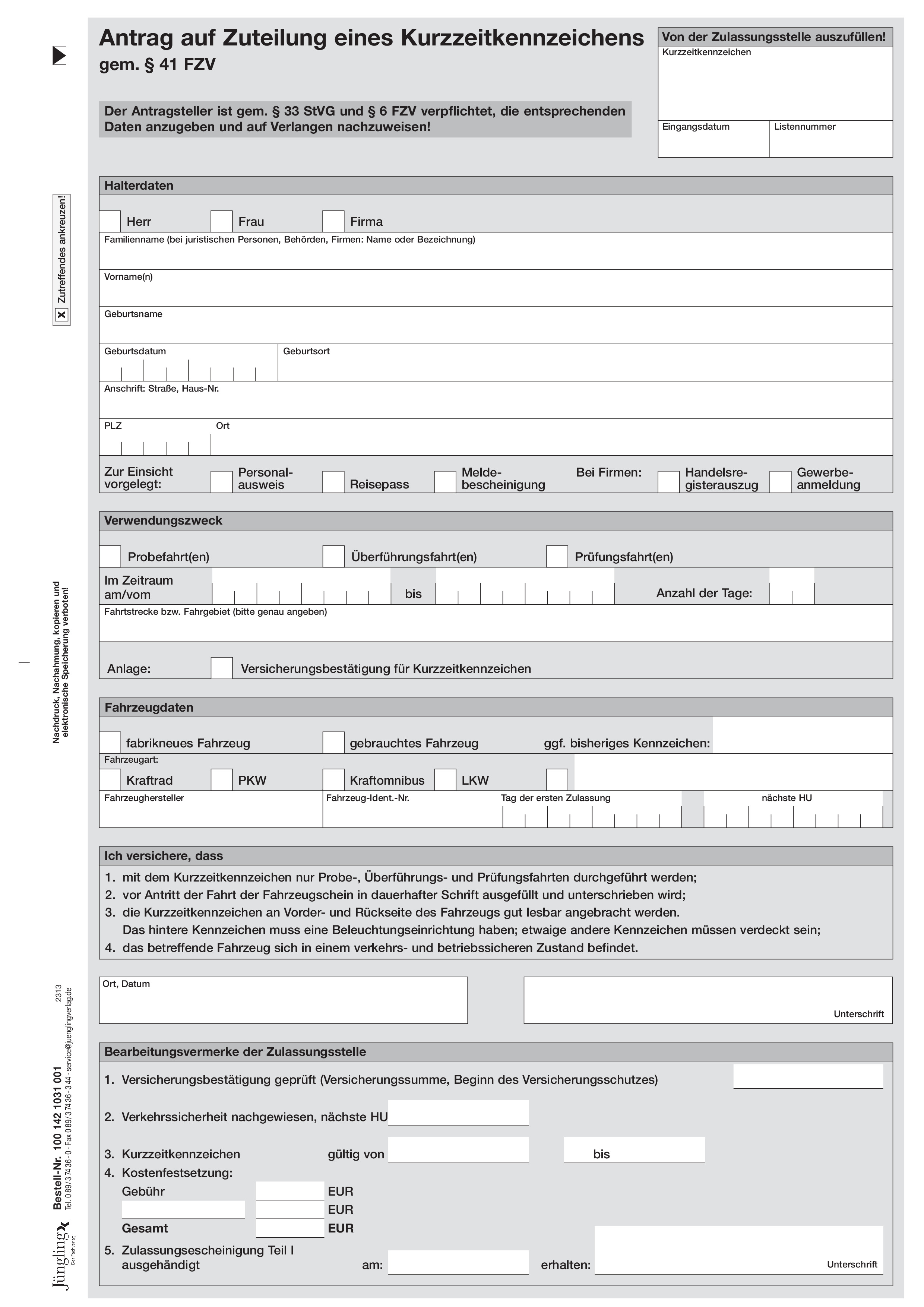 Antrag Zuteilung Kurzzeitkennzeichen