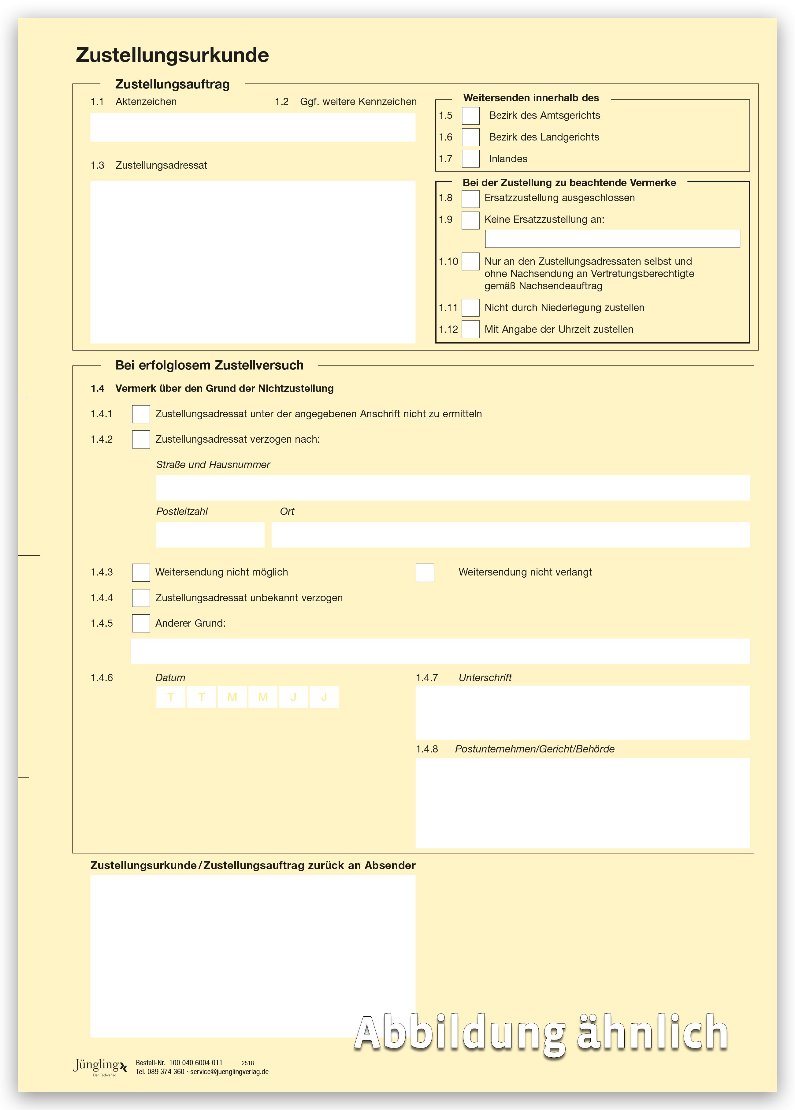 Zustellungsurkunde A4, gelb, laserdruckergeeignet, ohne Eindruck
