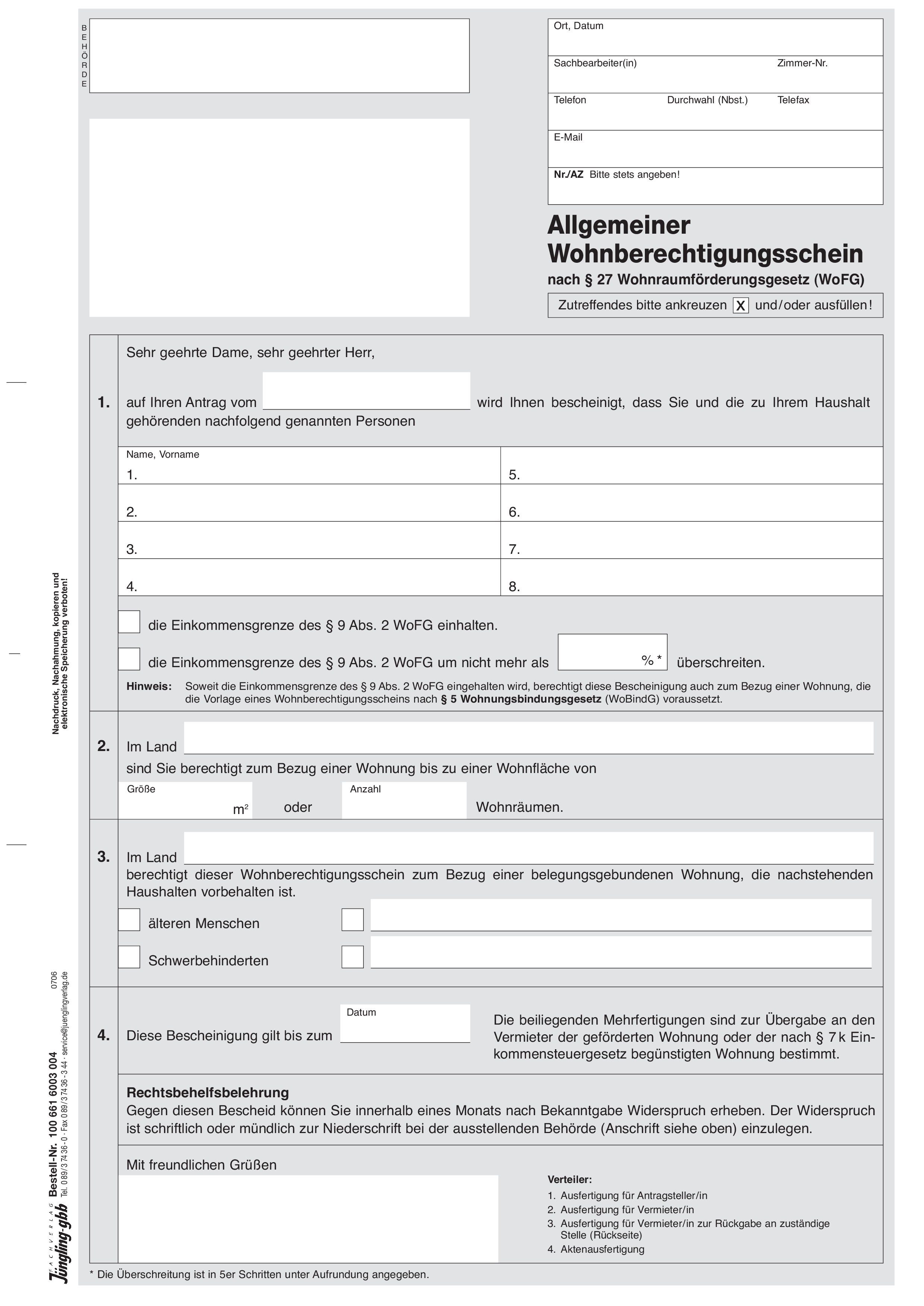 Allgemeiner Wohnberechtigungsschein, A4 4-fach Formularsatz