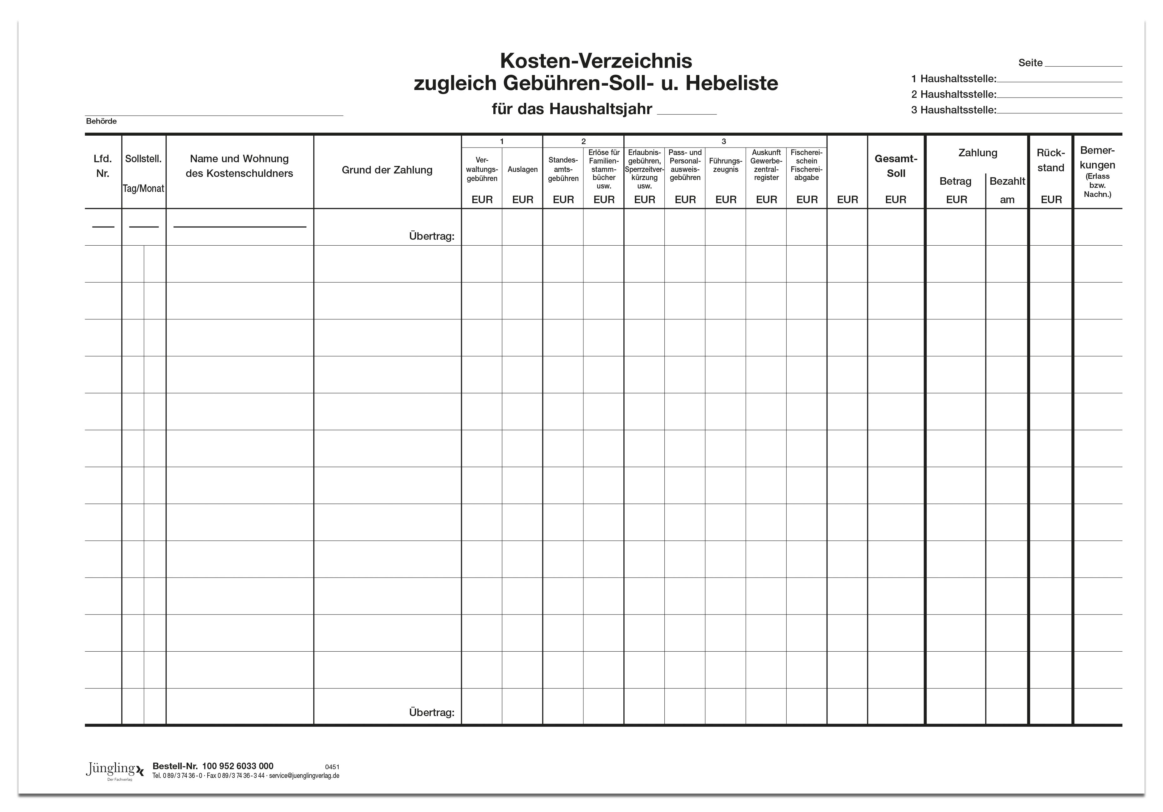 Kostenverzeichnis mit 12 Schuppen, 4-fach selbstdurchschreibend, A4 quer
