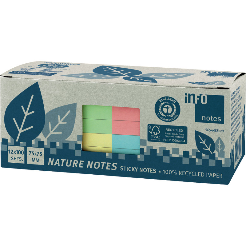 INFO NOTES Recycling Haftnotizen Nature Notes, farbsortiert, 75 x 75 mm, 12 Blöcke à 100 Blatt