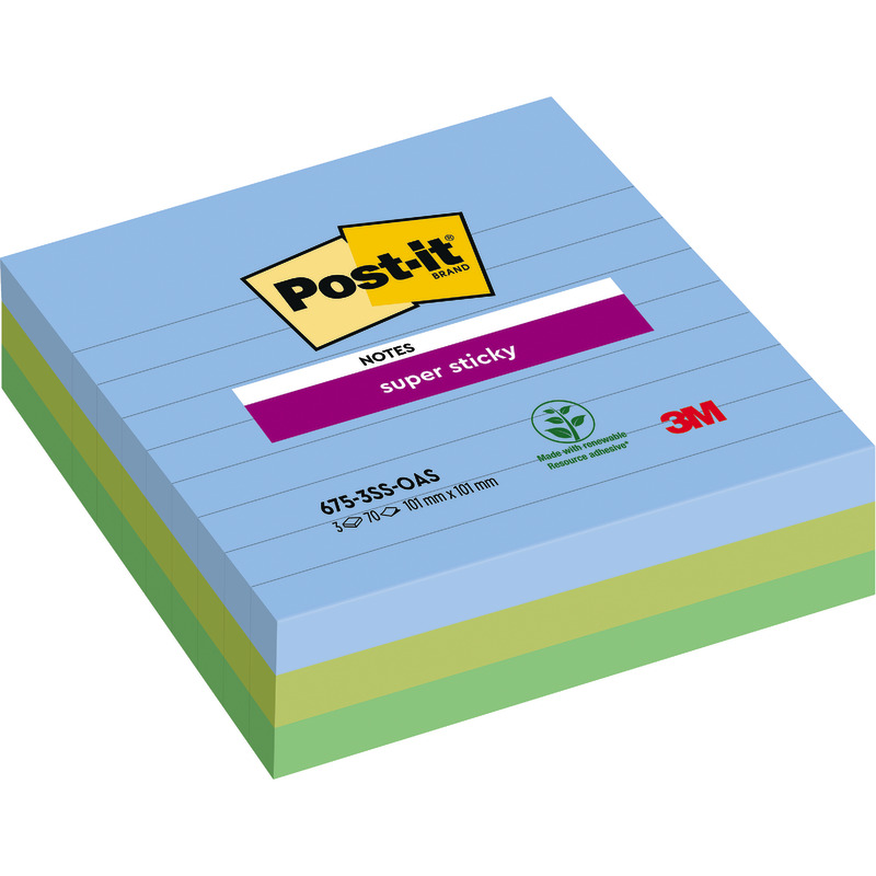 Post-it® Super Sticky Notes im Großformat, Oasis Collection, Liniert, 101 mm x 101 mm, 70 Blatt/Block, 3 Blöcke/Packung - Oasis bunt