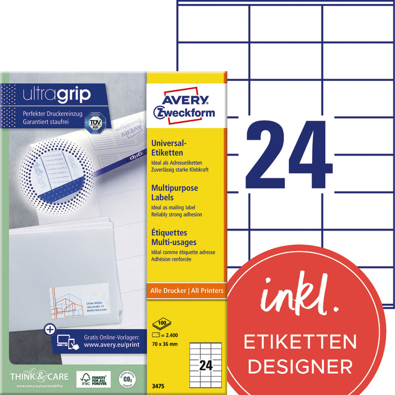 AVERY® Zweckform Universal-Etiketten 3475, permanent haftend, weiß, B x H: 70 x 36 mm, Pack: 2.400 Stück