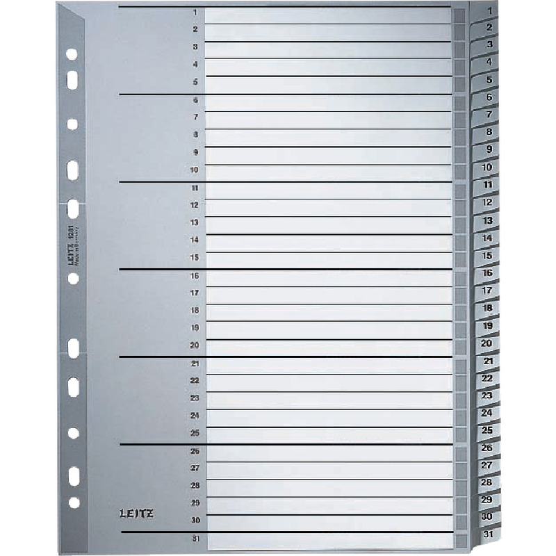 LEITZ Kunststoff-Register 1281, Taben 1-31, A4 Überbreite, 31-teilig, grau
