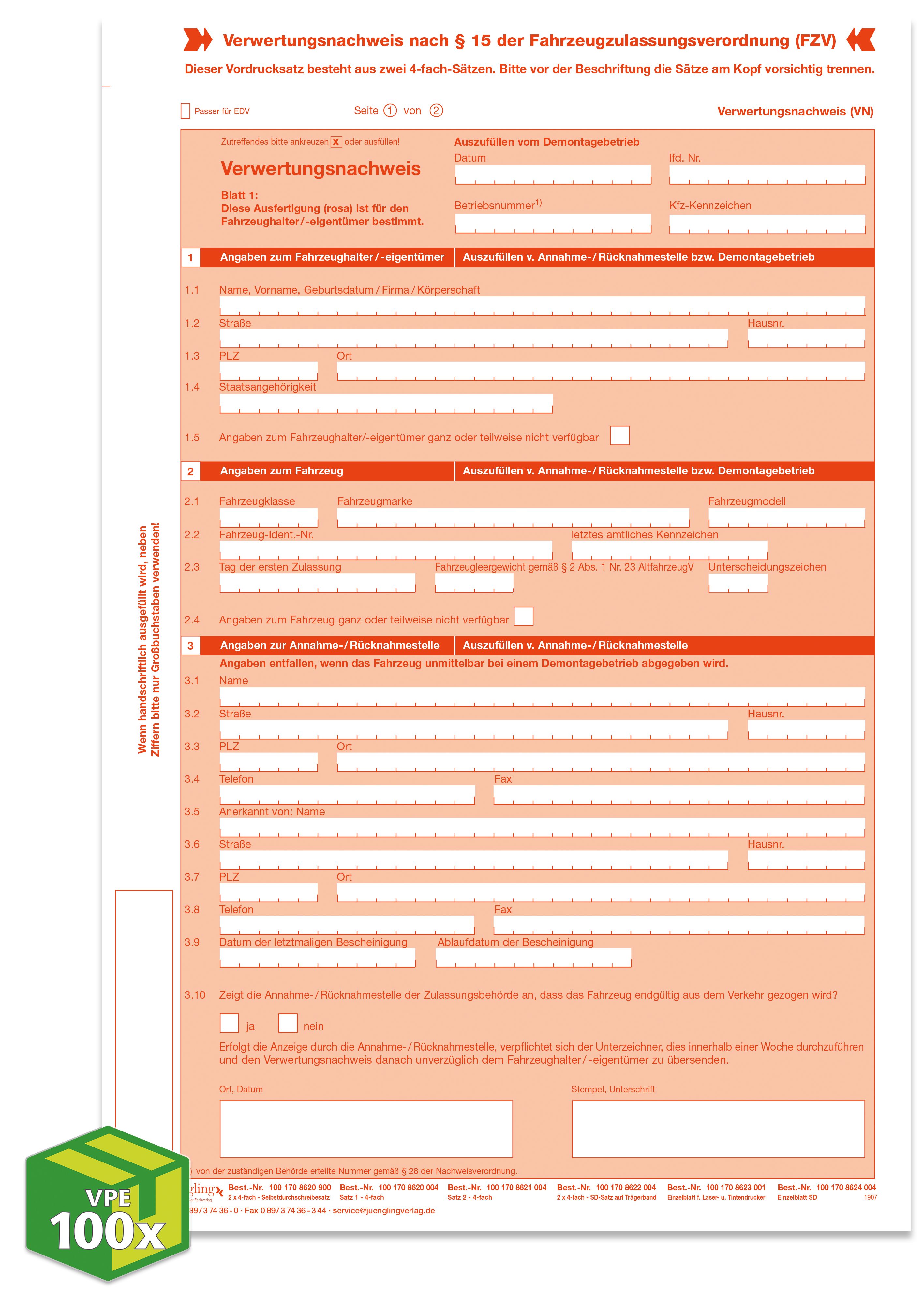 Verwertungsnachweis Altauto, A4, 8 Blatt, Laserdruckpapier, VKE 100 Satz