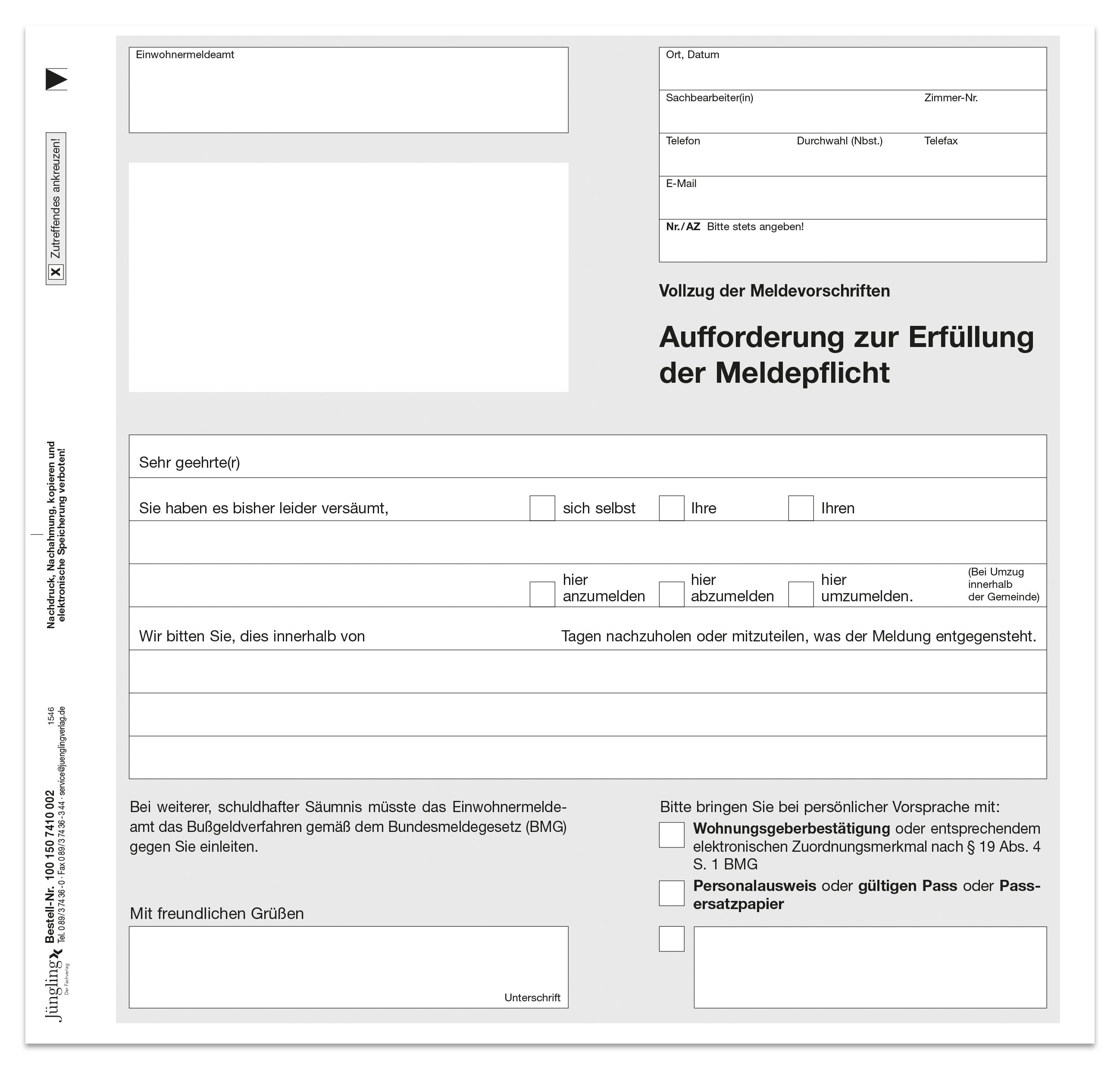 Aufforderung zur Erfüllung der Meldepflicht, 2/3 A4 2-fach, SD, ME: Satz