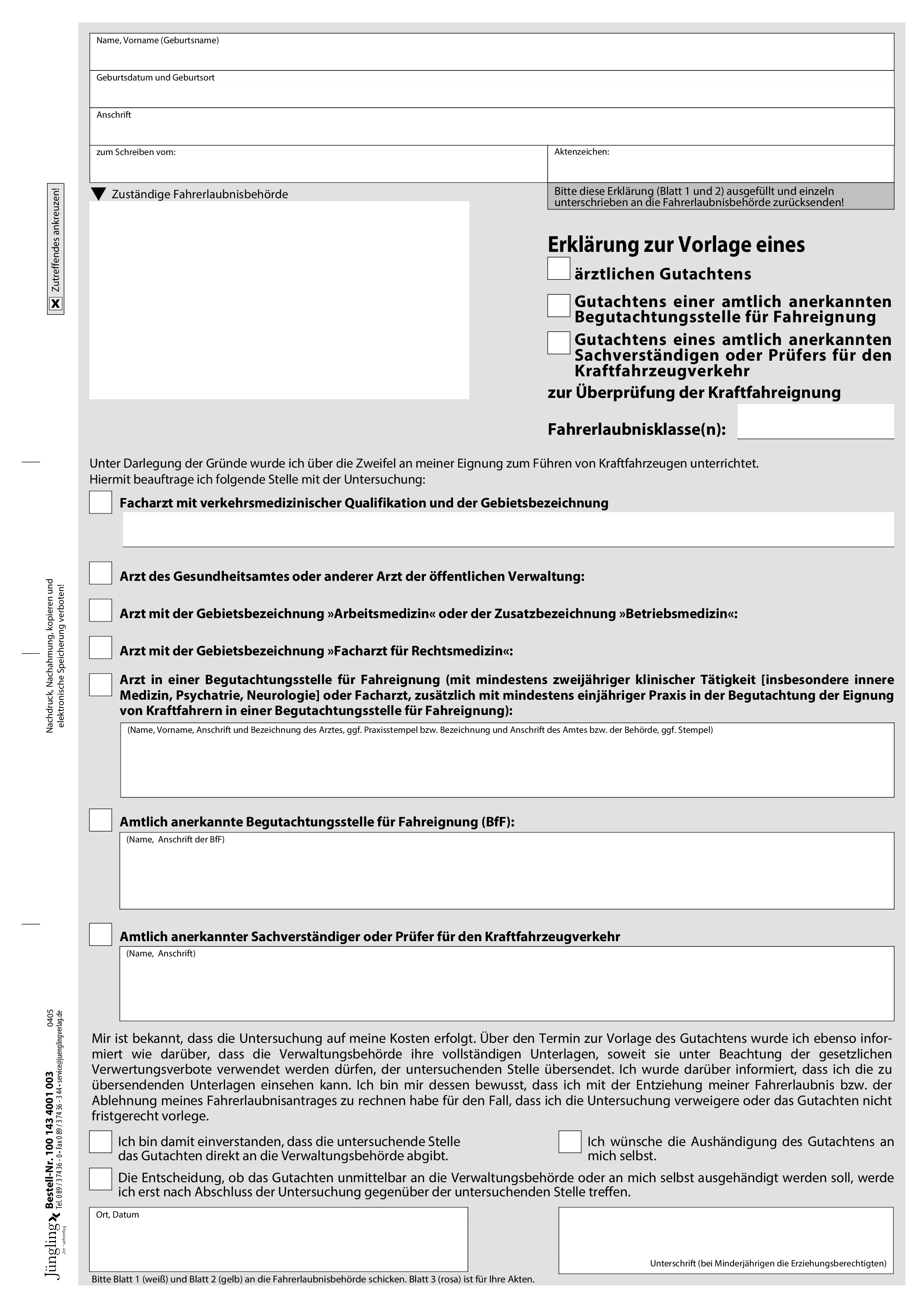 Erklärung zur Vorlage eines ärztlichen Gutachtens, A4