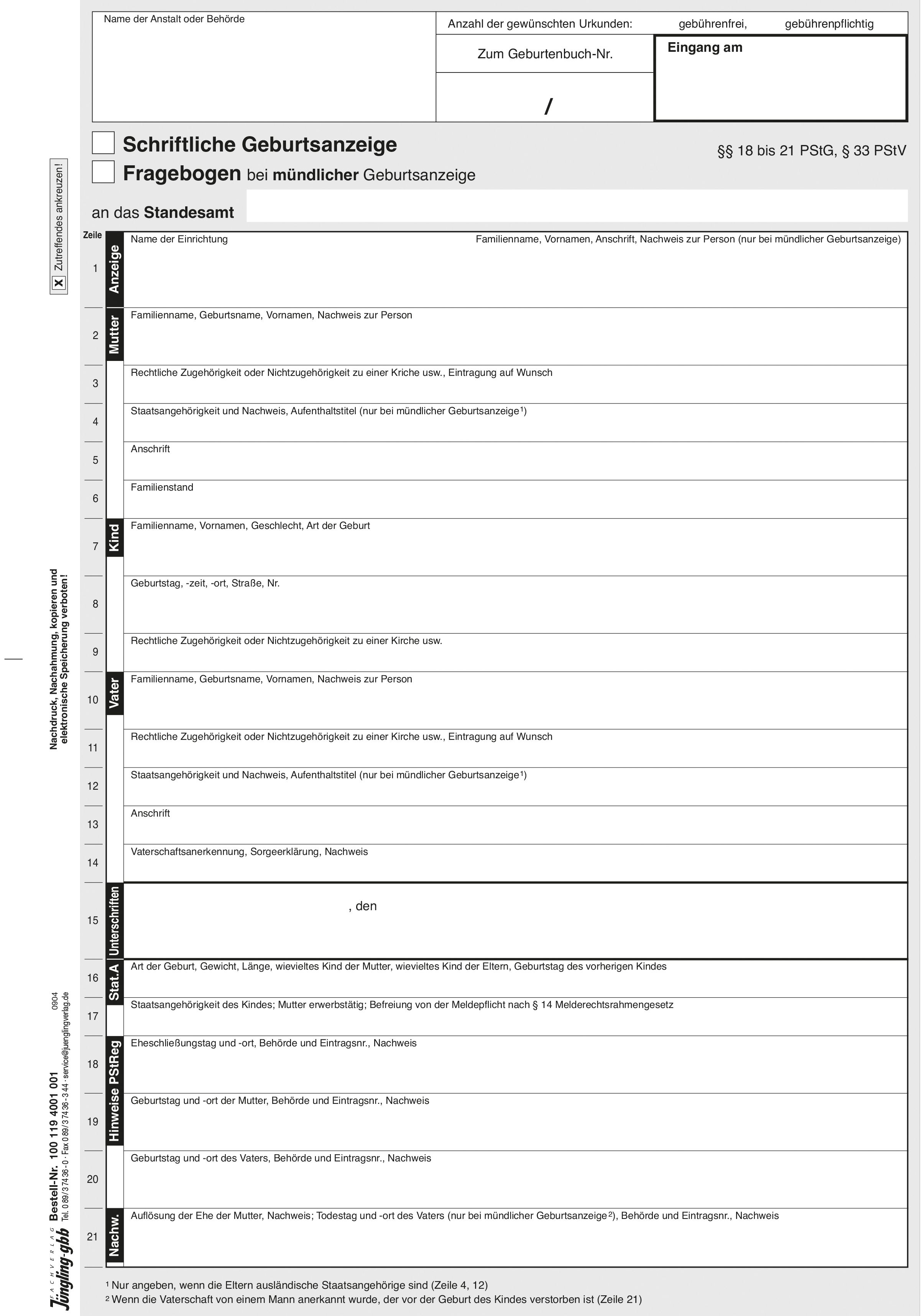 Schriftliche Geburtsanzeige gemäß PStG mit Namenserklärung, A4