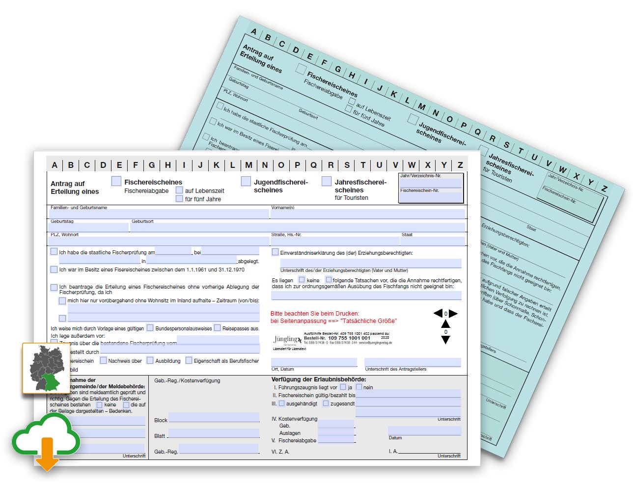 PDF Ausfüllhilfe Antrag Fischereischein, A5 Karton blau