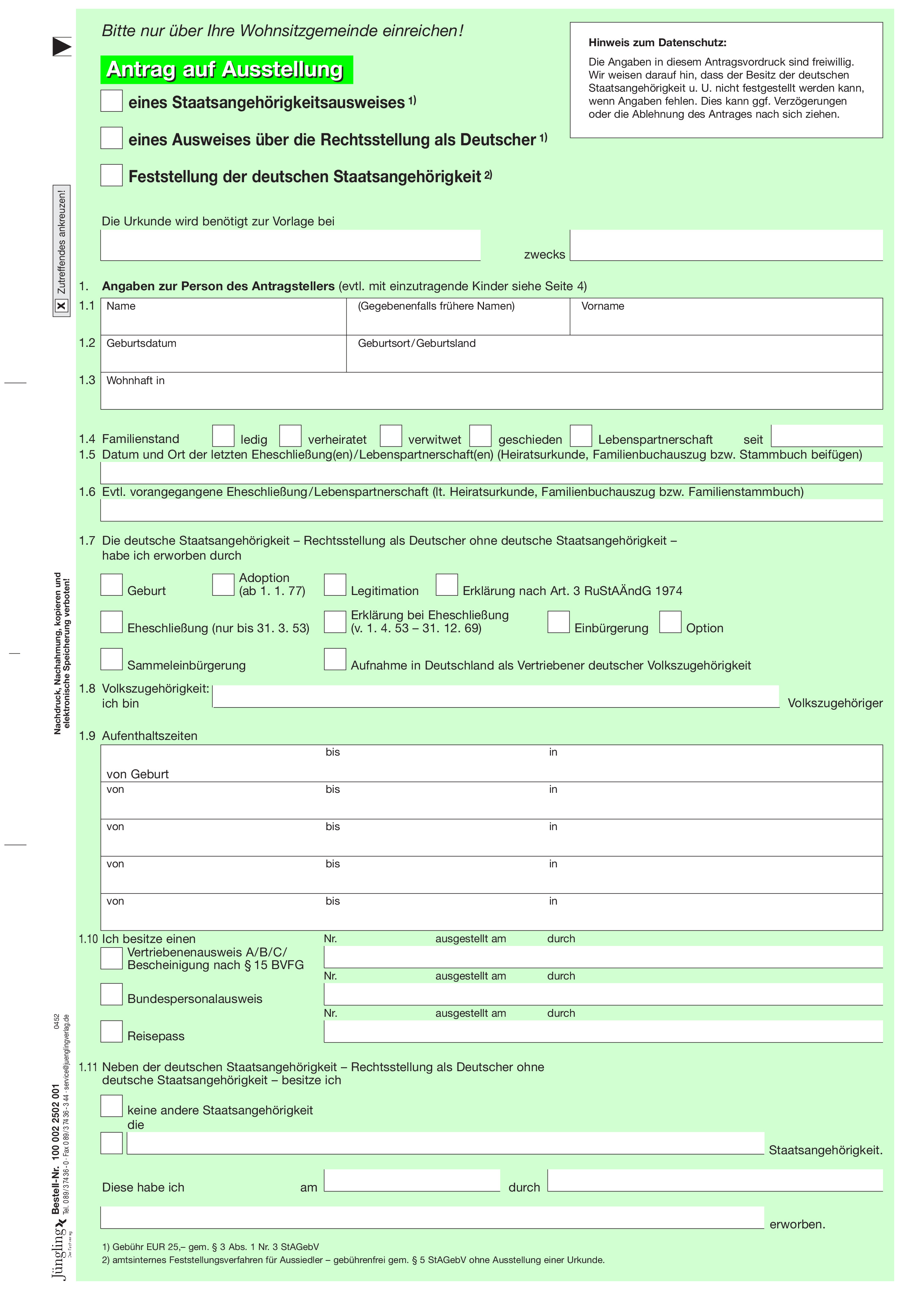 Antrag Staatsangehörigkeitsausweis, A4, 4-seitig