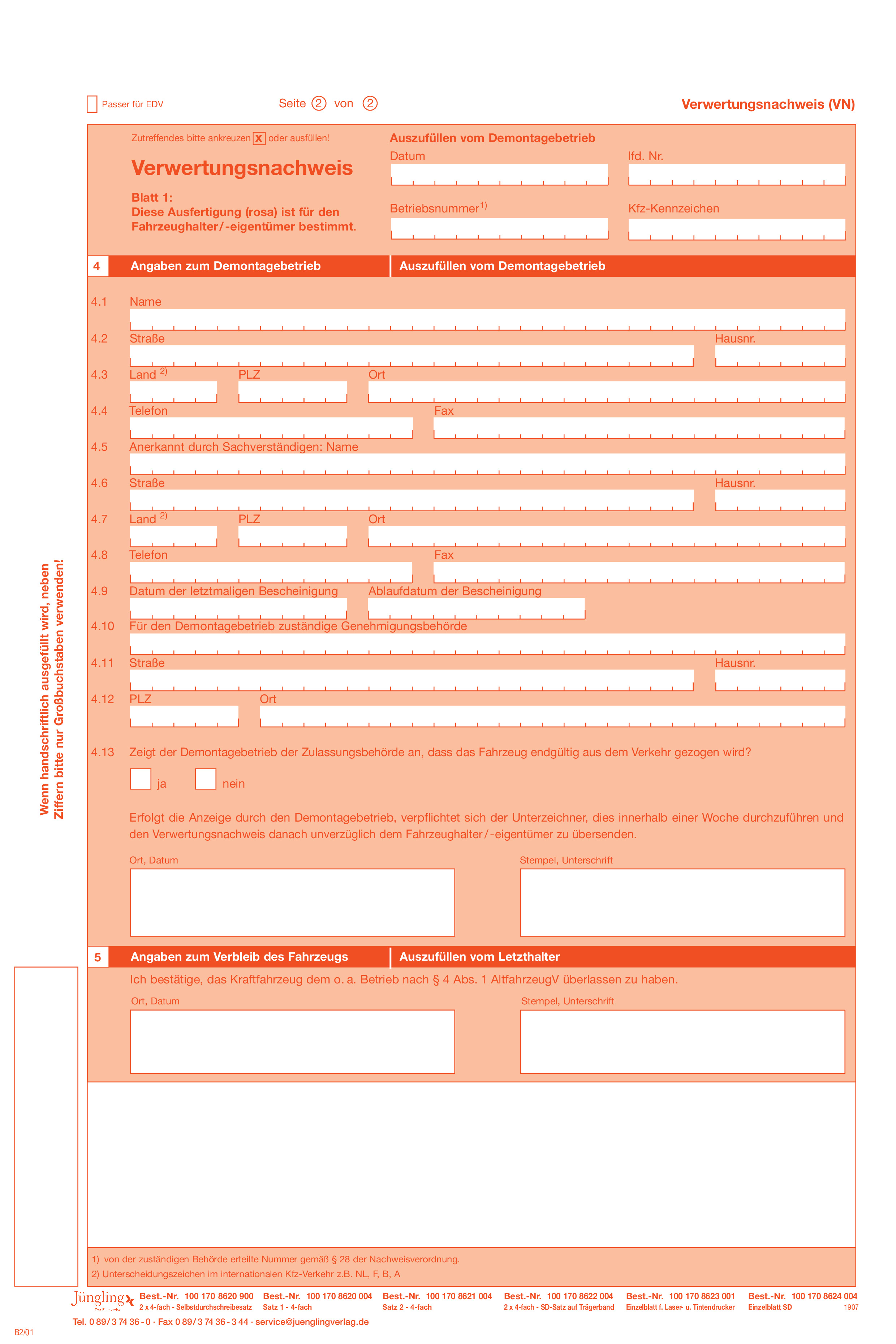 Verwertungsnachweis Altauto nach Anlage 8 zu § 15 FZV (Satz 2), A4, 4-fach, für Eindruck (2019)