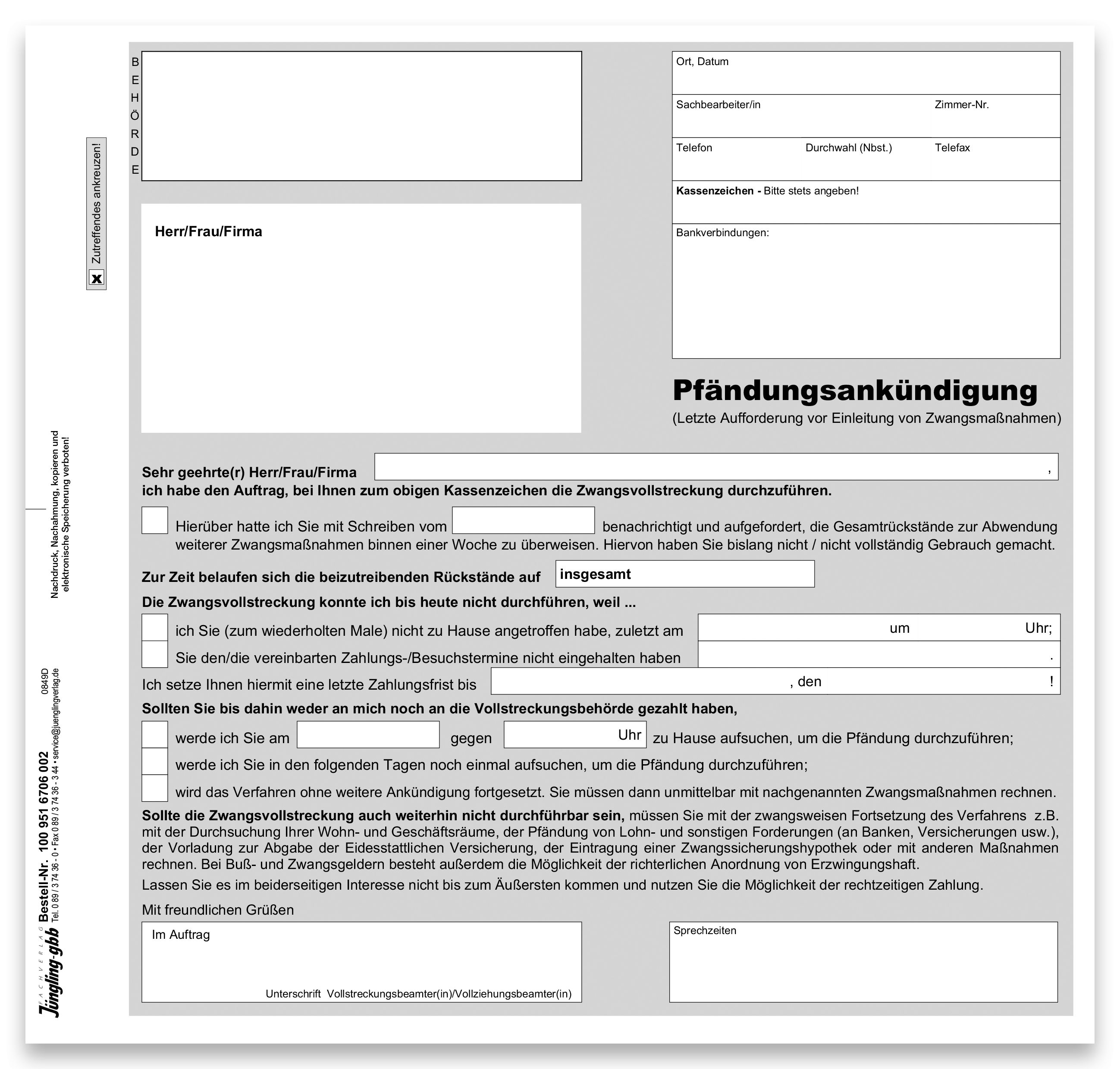 Pfändungsankündigung, 2-fach SD, 2/3 A4