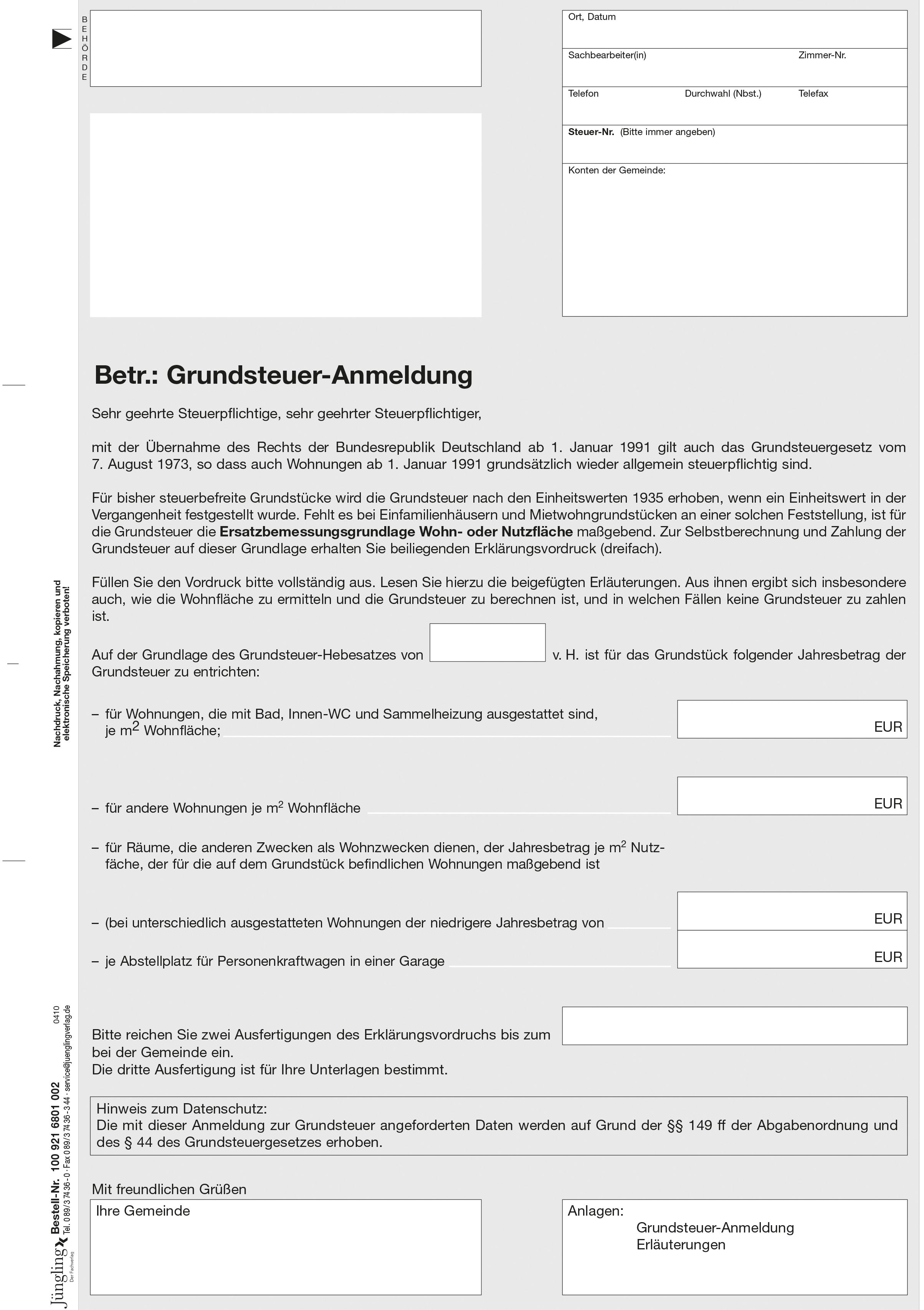 Anschreiben Grundsteueranmeldung (Neue Länder), A4, 2-fach SD-Formular
