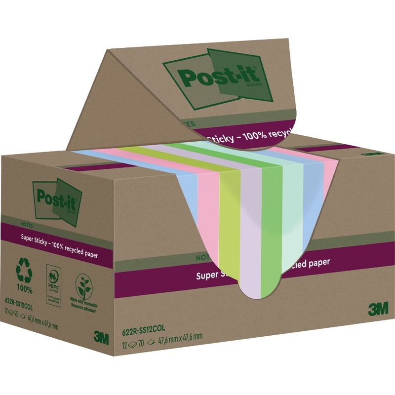 Post-it® Haftnotizen Super Sticky Recycling Notes, 48 x 48 mm, farbsortiert, 12 Blöcke