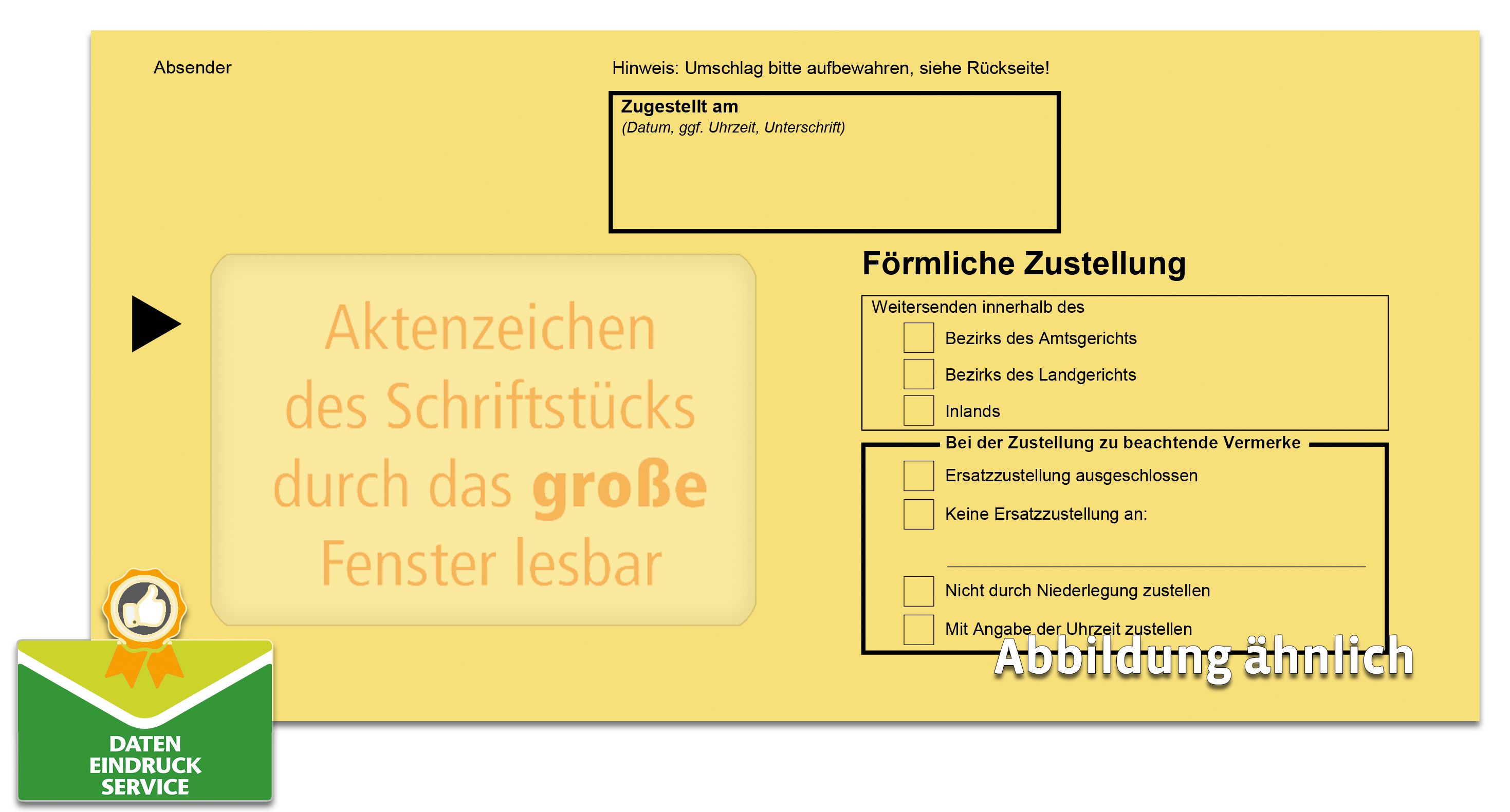 Förmliche Zustellung: Innerer Umschlag mit gr. F., nassklebend, mit Einsteckschlitz, maschinell kuvertierbar, 114 x 229 mm