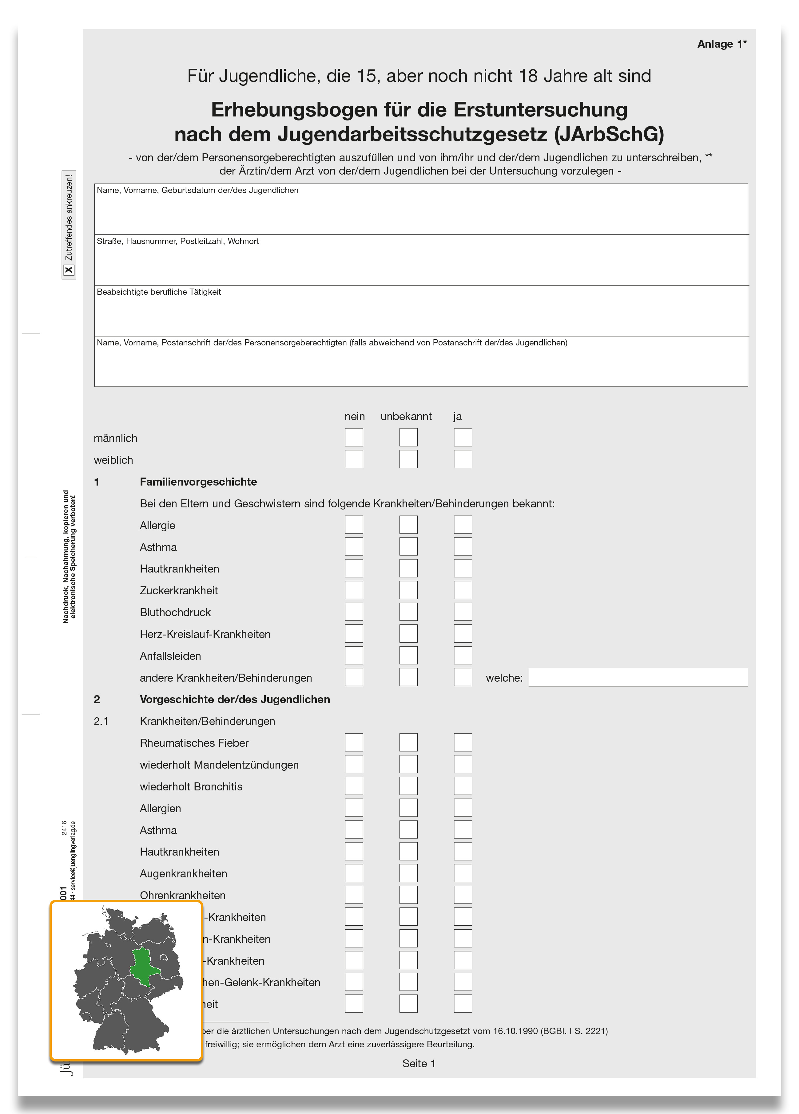 Erhebungsbogen zur Erstuntersuchung, Anlage 1, DIN A4