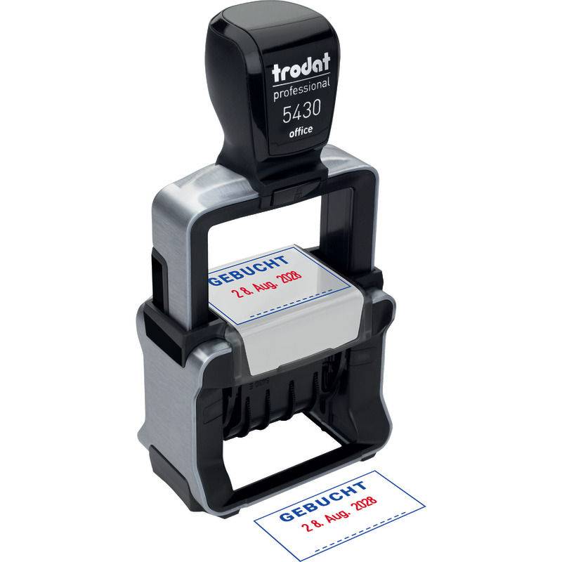 Trodat Office Professional 5430 mit Text GEBUCHT, Kissen blau/rot