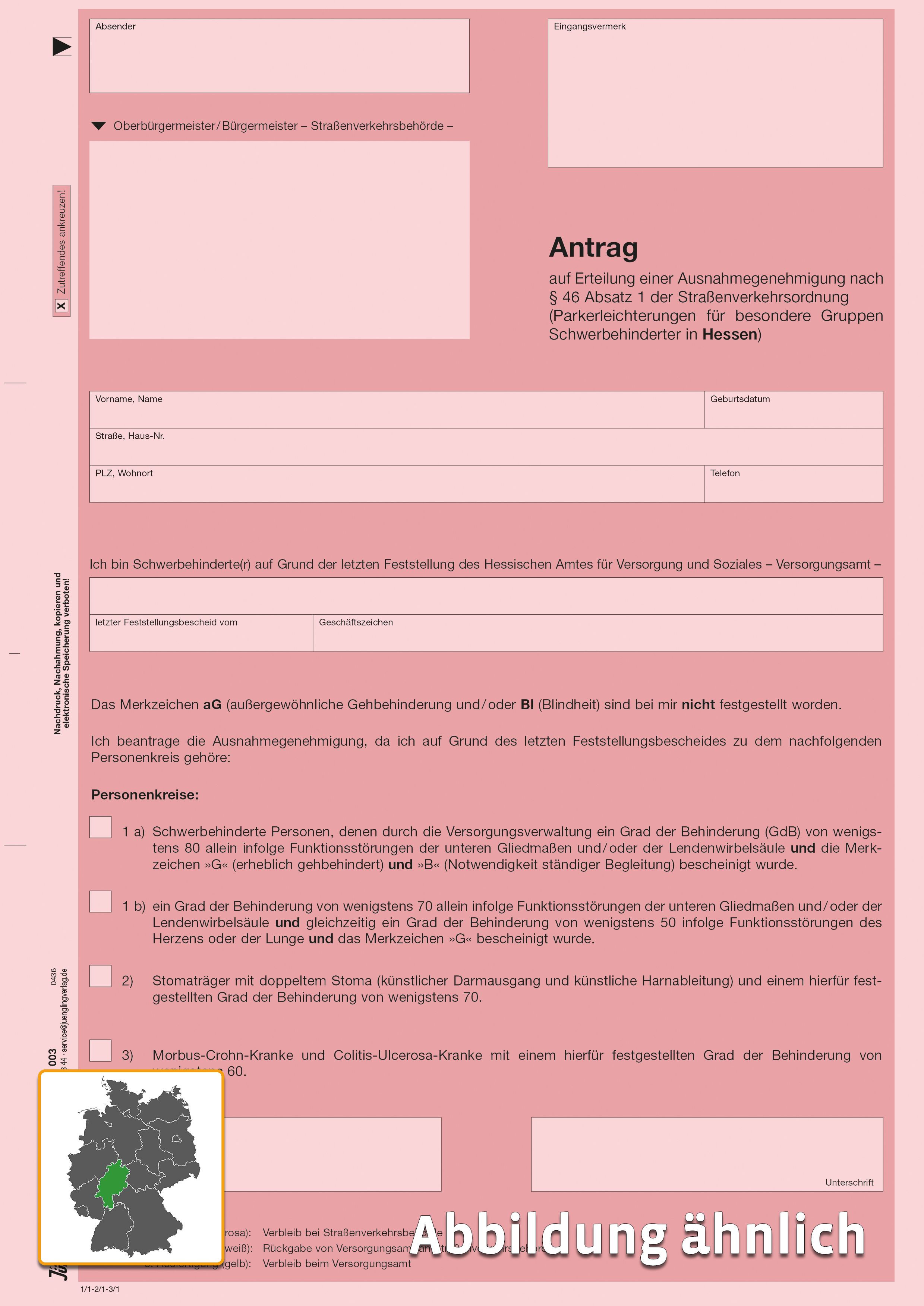 Antrag auf Parkerleichterungen für besondere Gruppen von Schwerbehinderten für Hessen, A4 3-fach