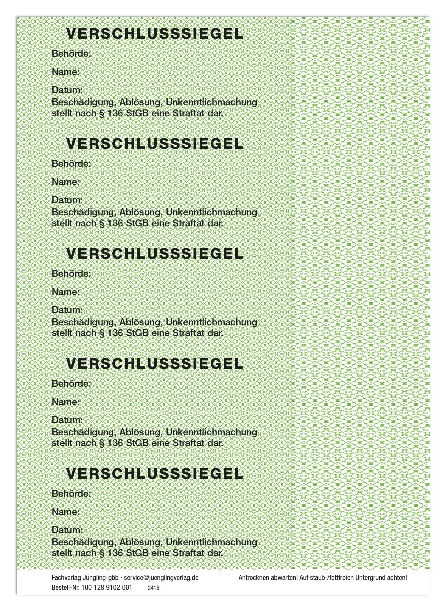 Siegelmarken für Behörden, grün Bogen a 5 Stück 120 x 32 mm