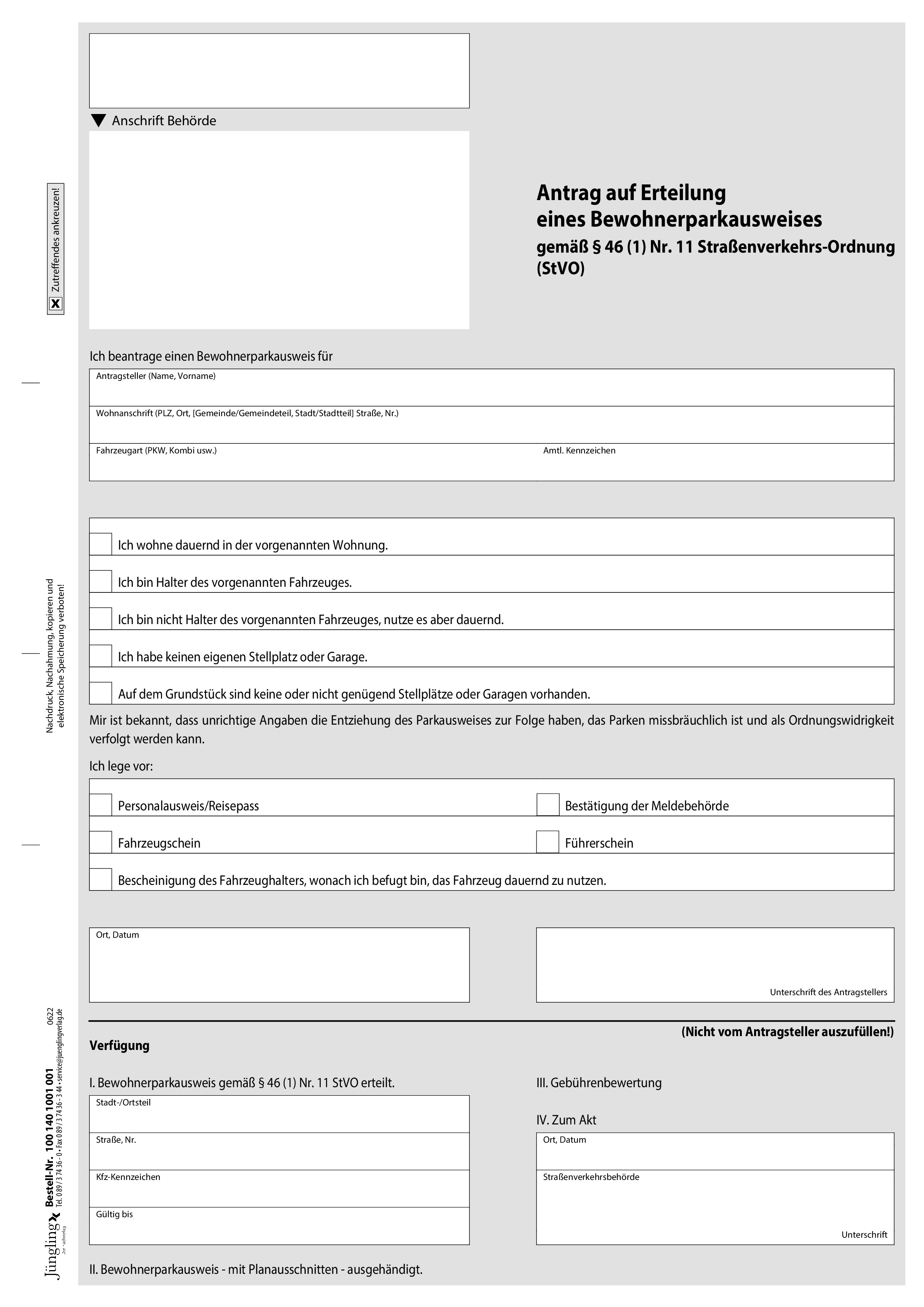 Antrag auf Bewohner-Parkausweis gemäß § 46 StVO, A4 Antrag auf Bewohner-Parkausweis gemäß § 46 StVO, A4