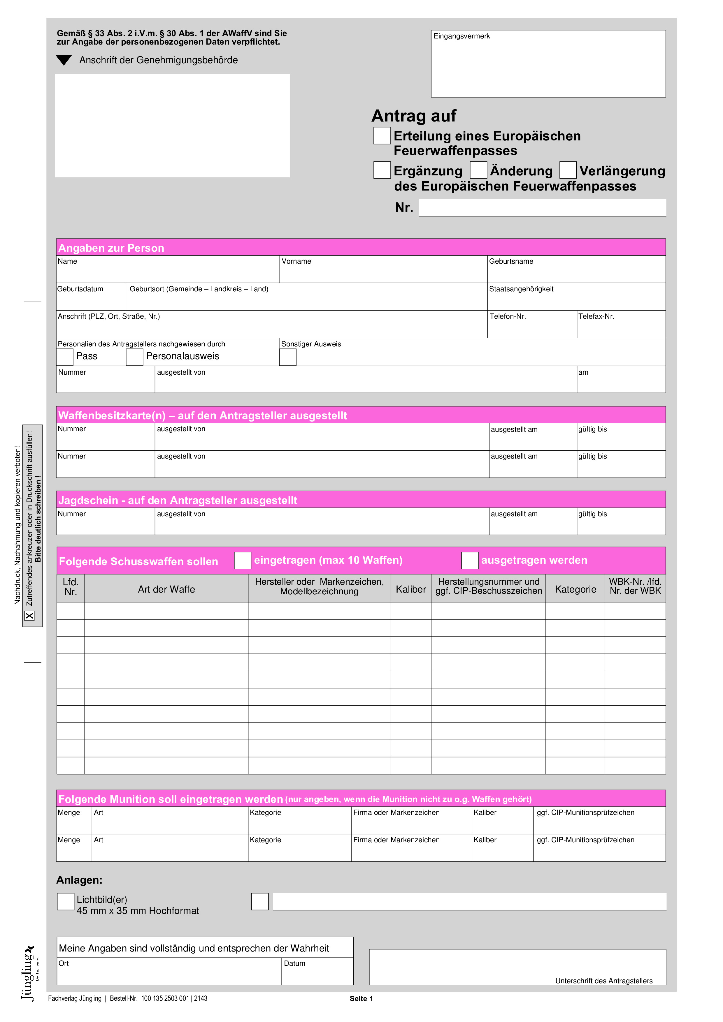 Antrag auf Ausstellung eines Europäischen Feuerwaffenpasses