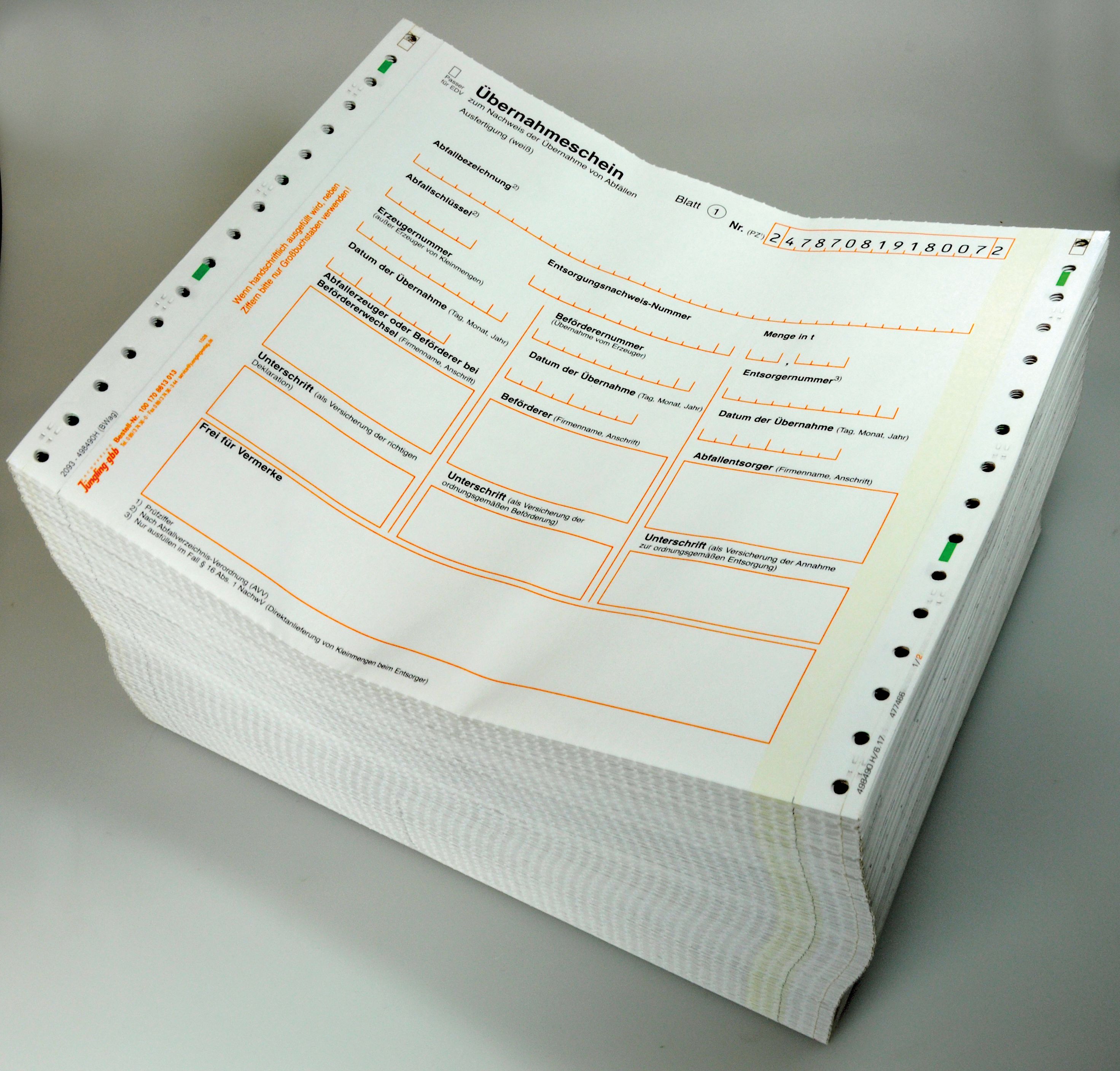 Übernahmeschein, selbstdurchschreibend, endlos, 3-fach, 240 mm x 8 Zoll
