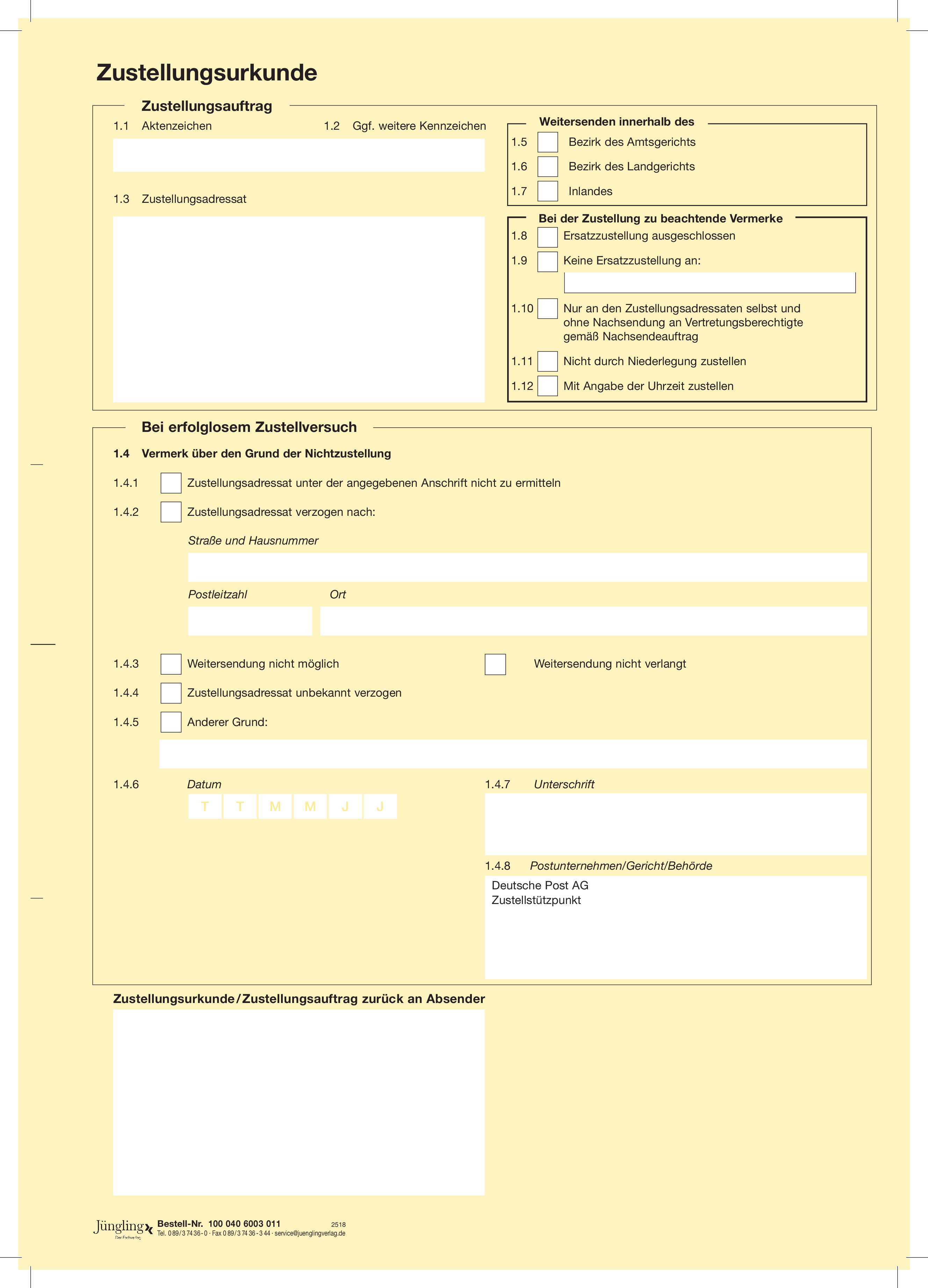 Zustellungsurkunde mit Eindruck Deutsche Post AG, A4, gelb, laserdruckergeeignet