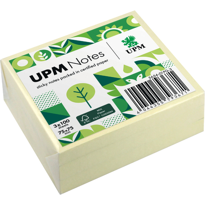 UPM NOTES Haftnotizen 75 x 75 mm gelb, 3 x 100 Blatt