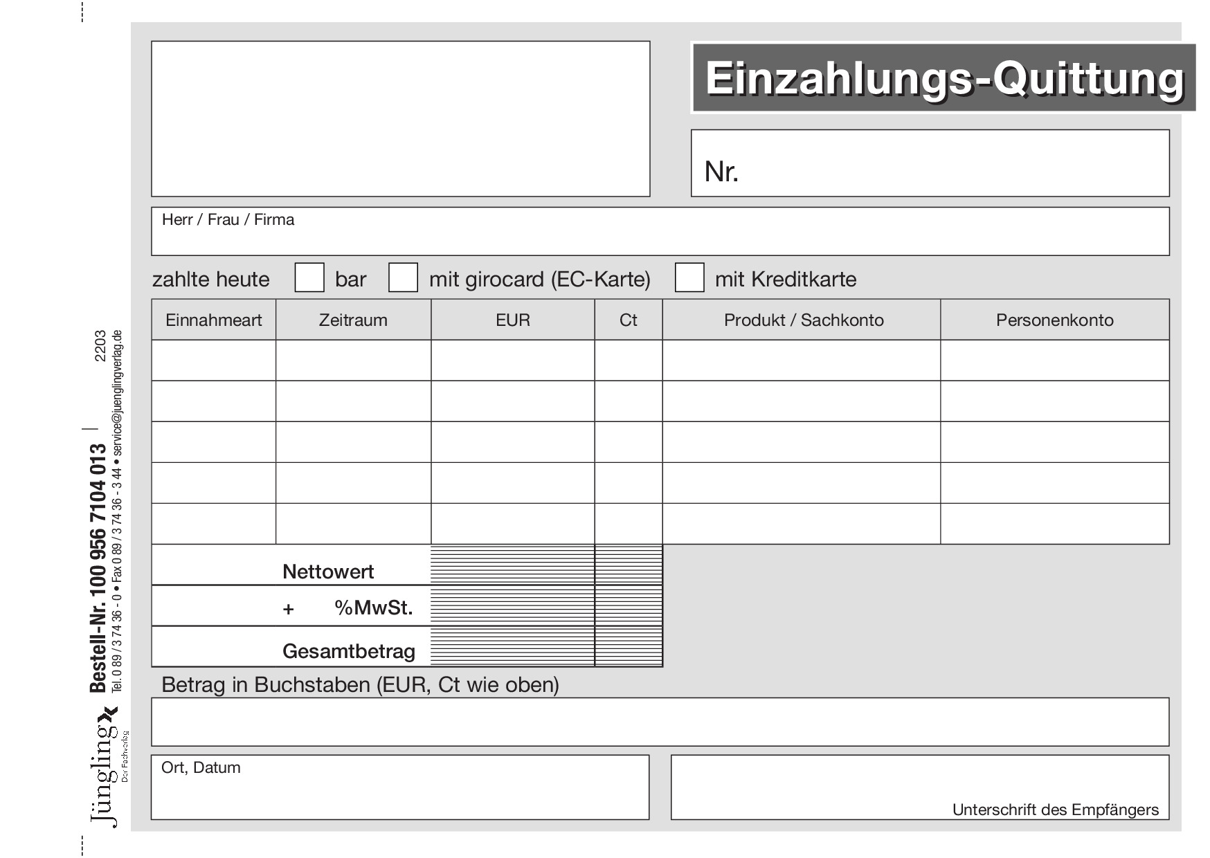 Quittung für mehrere Forderungen mit MwSt (Doppik), A6, 3-fach