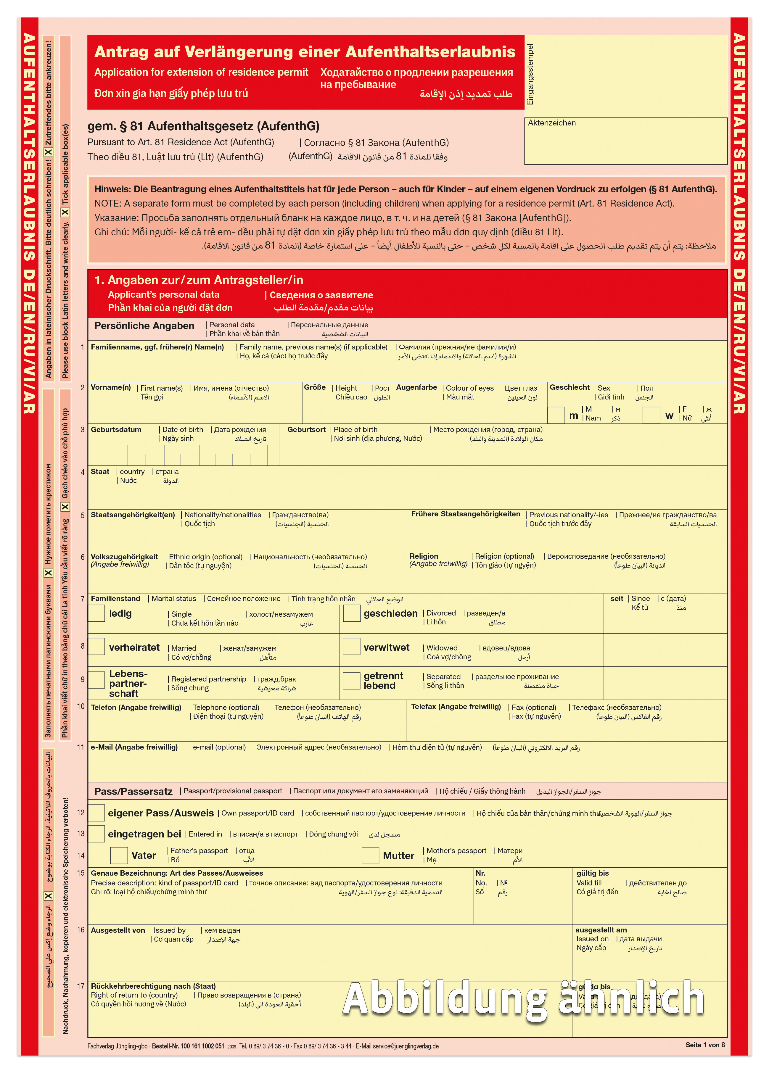 Antrag auf Verlängerung einer Aufenthaltserlaubnis, Deutsch-Englisch-Russisch-Vietnamesisch-Arabisch