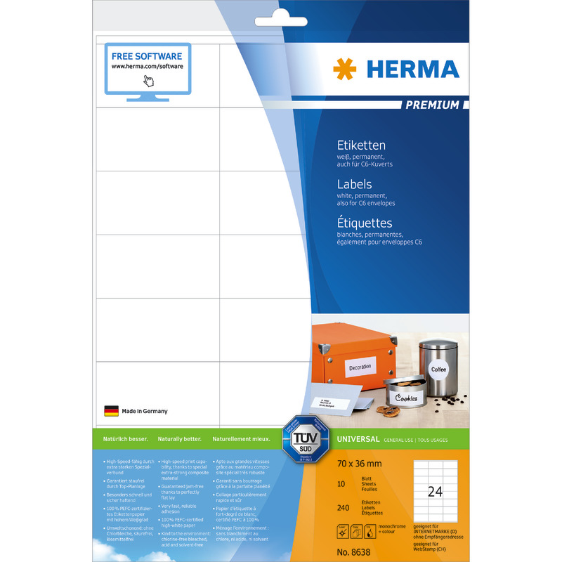 HERMA PREMIUM Etiketten 8638, B x H: 70 x 36 mm, weiß