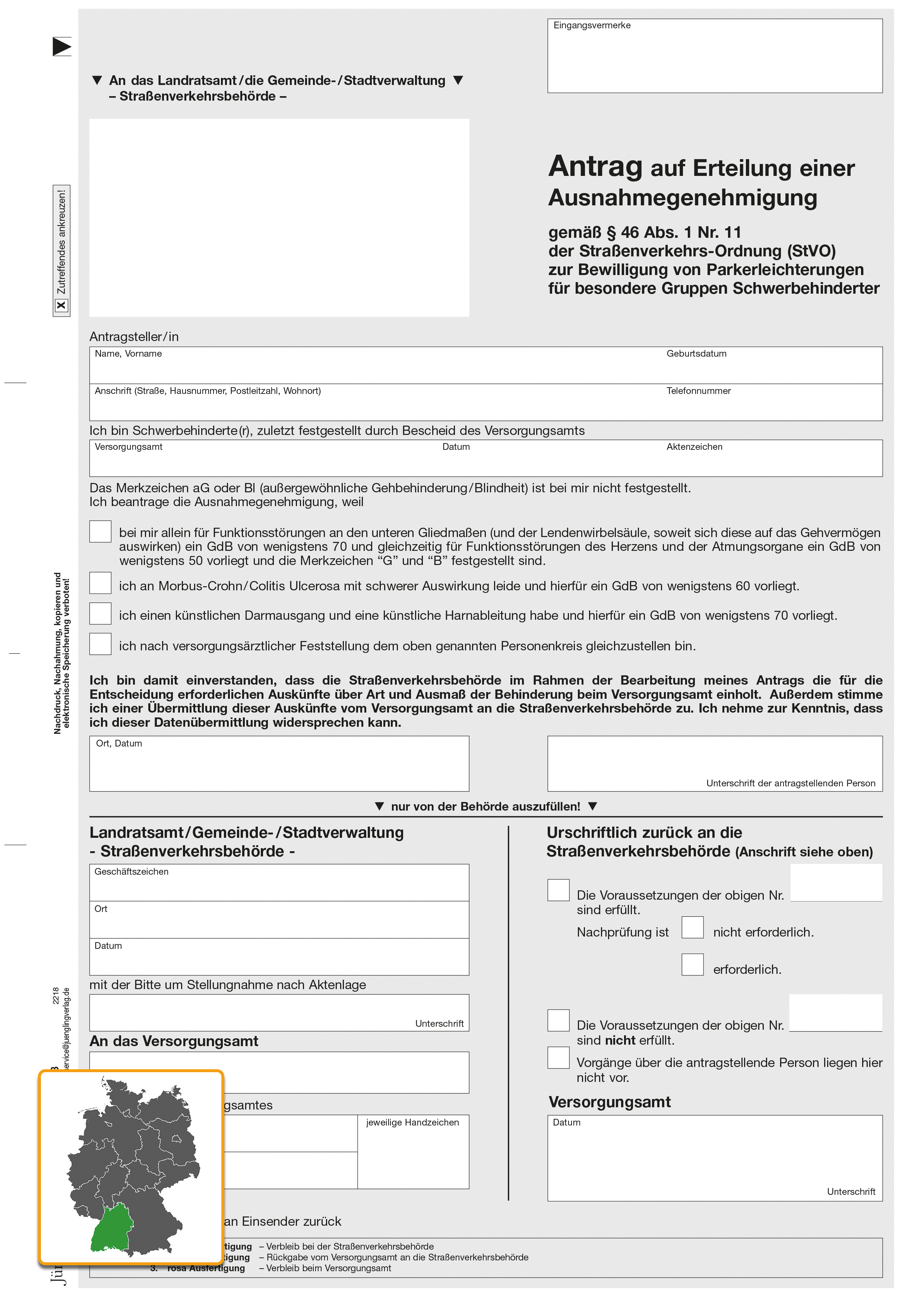 Antrag auf Parkerleichterung, für besondere Gruppen von Schwerbehinderten, B-W, A4, 3fach