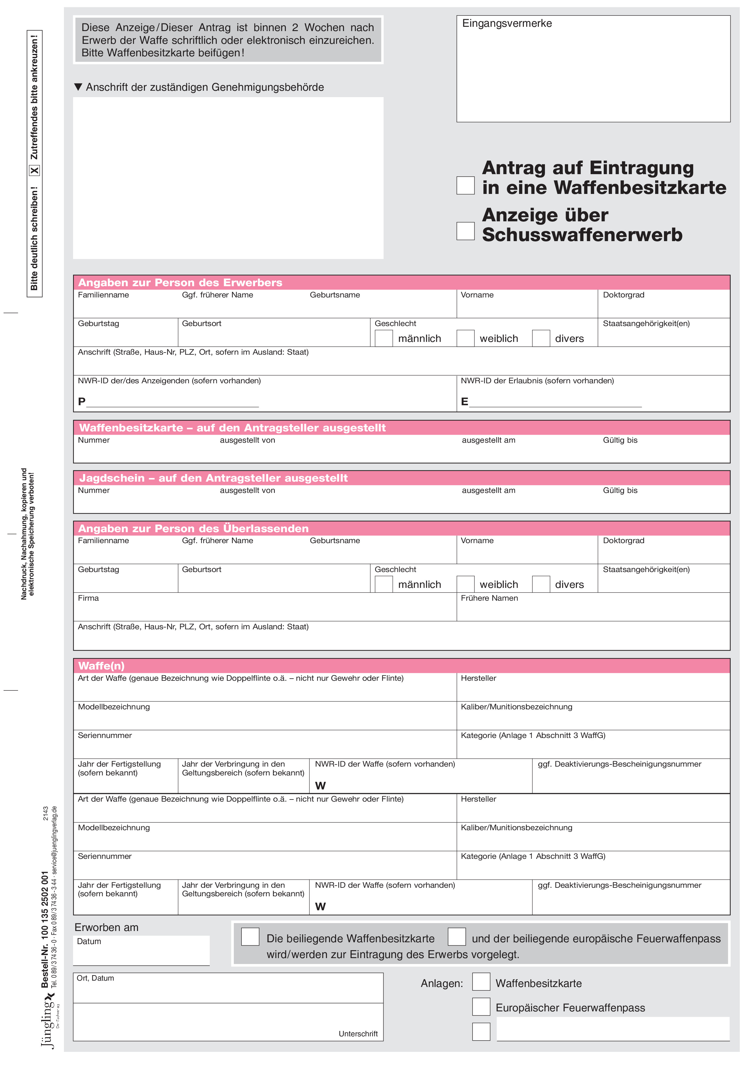 Anzeige über den Waffenerwerb bei vorhandener waffenrechtlicher Erlaubnis, A4