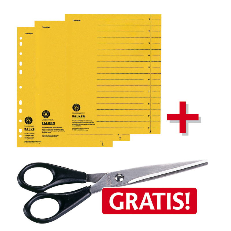 AKTION! 2 Pack FALKEN Trennblätter, gelb, 230g/m² + MAUL Schere GRATIS