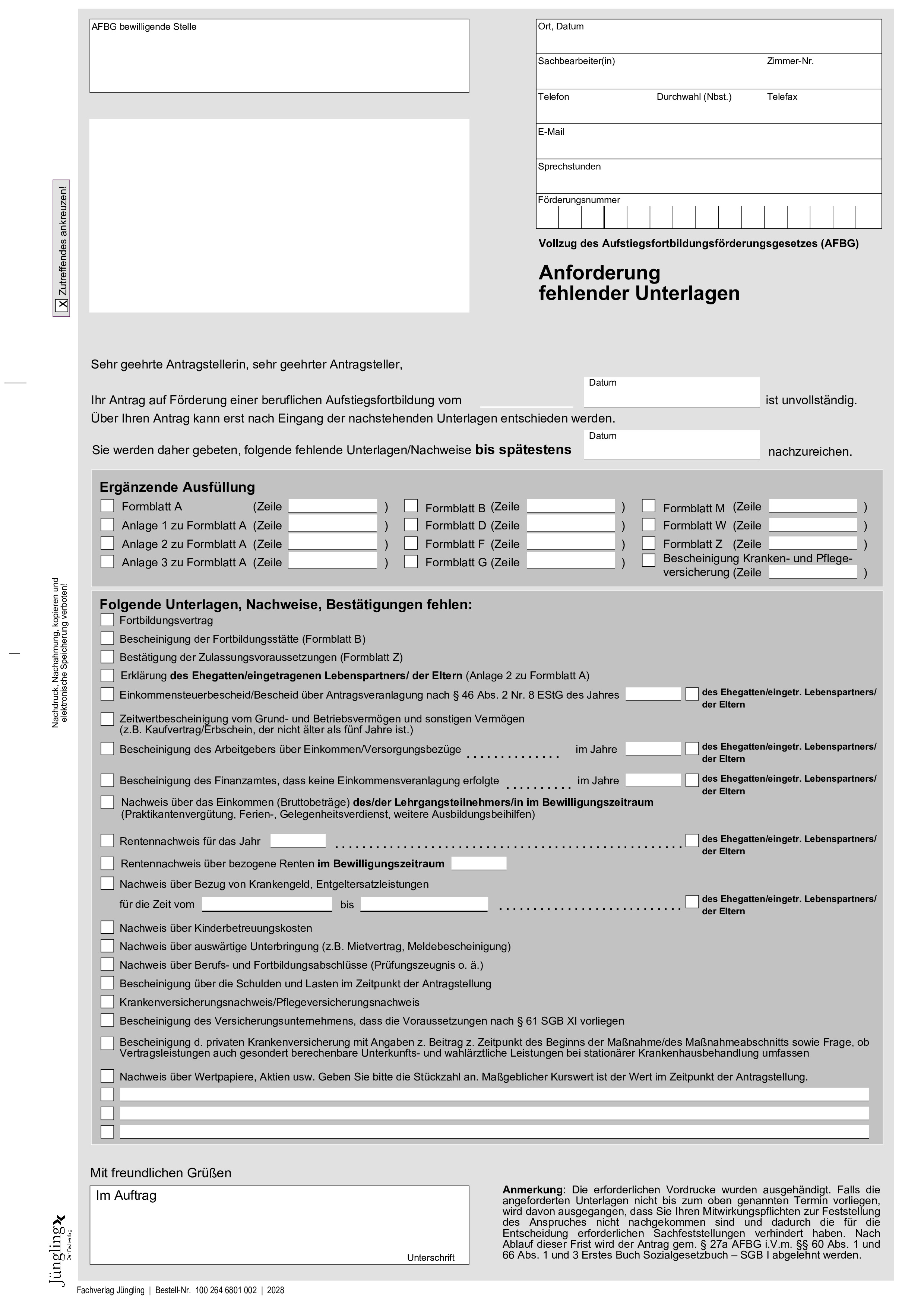 Anforderung fehlender Unterlagen, 2-fach SD, A4 Anforderung fehlender Unterlagen, 2-fach SD, A4