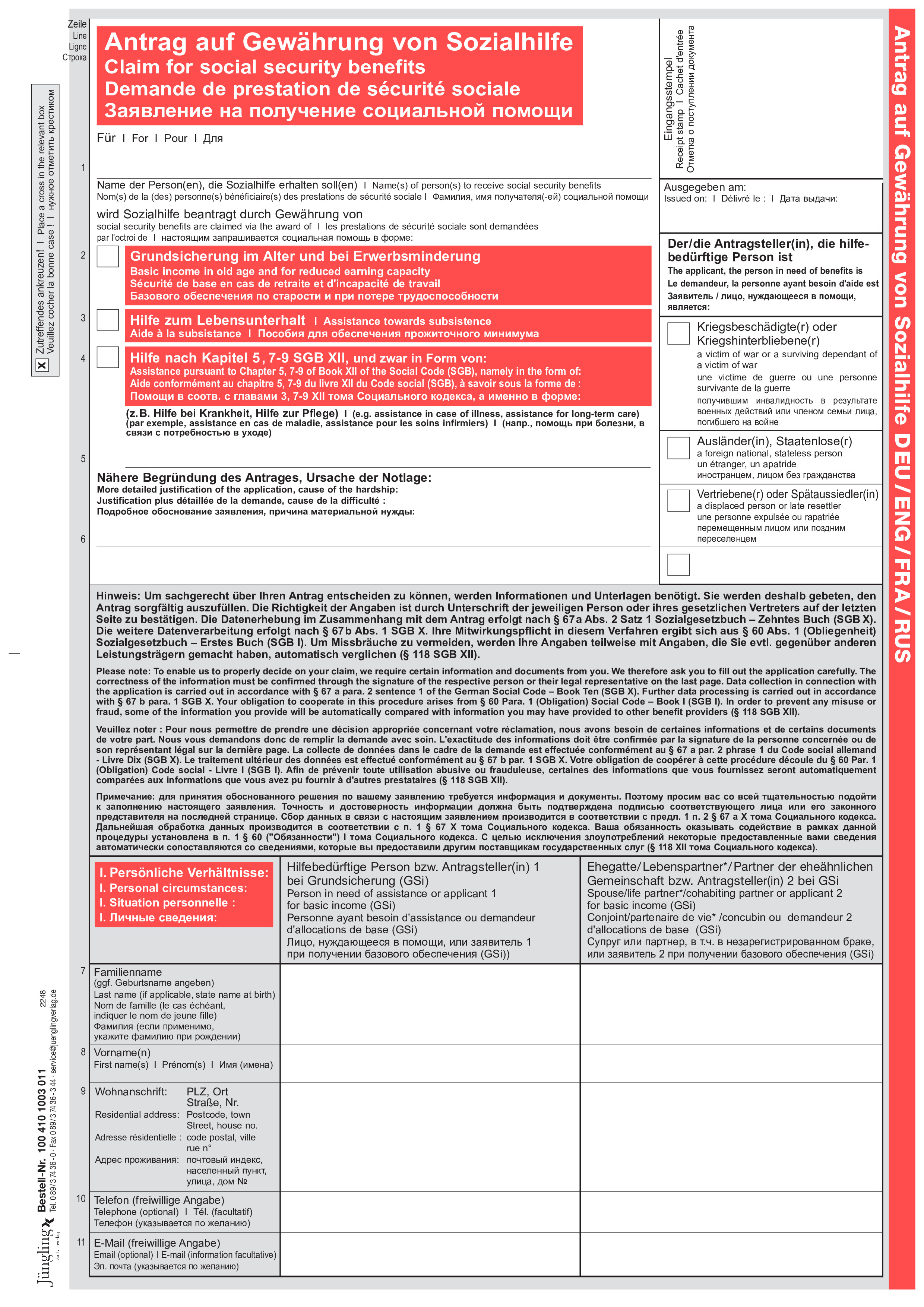 Antrag auf Gewährung von Sozialhilfe, Mehrsprachig, A4, 16-seitig Antrag auf Gewährung von Sozialhilfe, Mehrsprachig, A4, 16-seitig