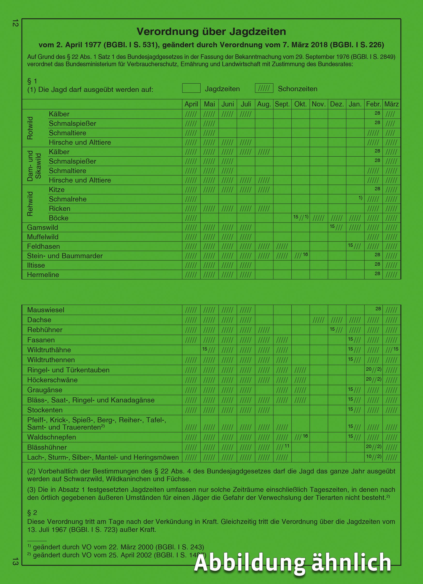 Aufkleber Verordnung über die Jagdzeiten, Grün