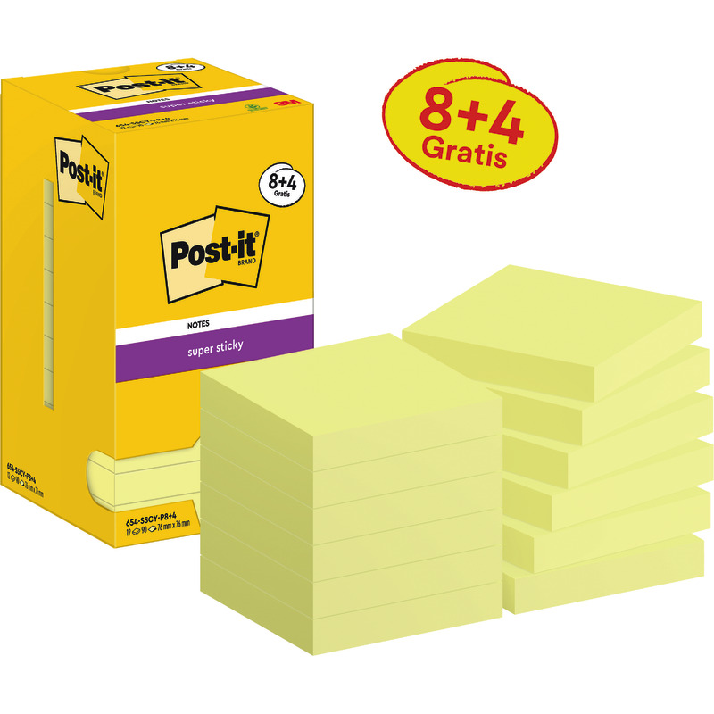 Post-it® Super Sticky Notes, Gelb, 76 mm x 76 mm, Promotion, 90 Blatt/Block, 8 Blöcke + 4 Gratis/Packung