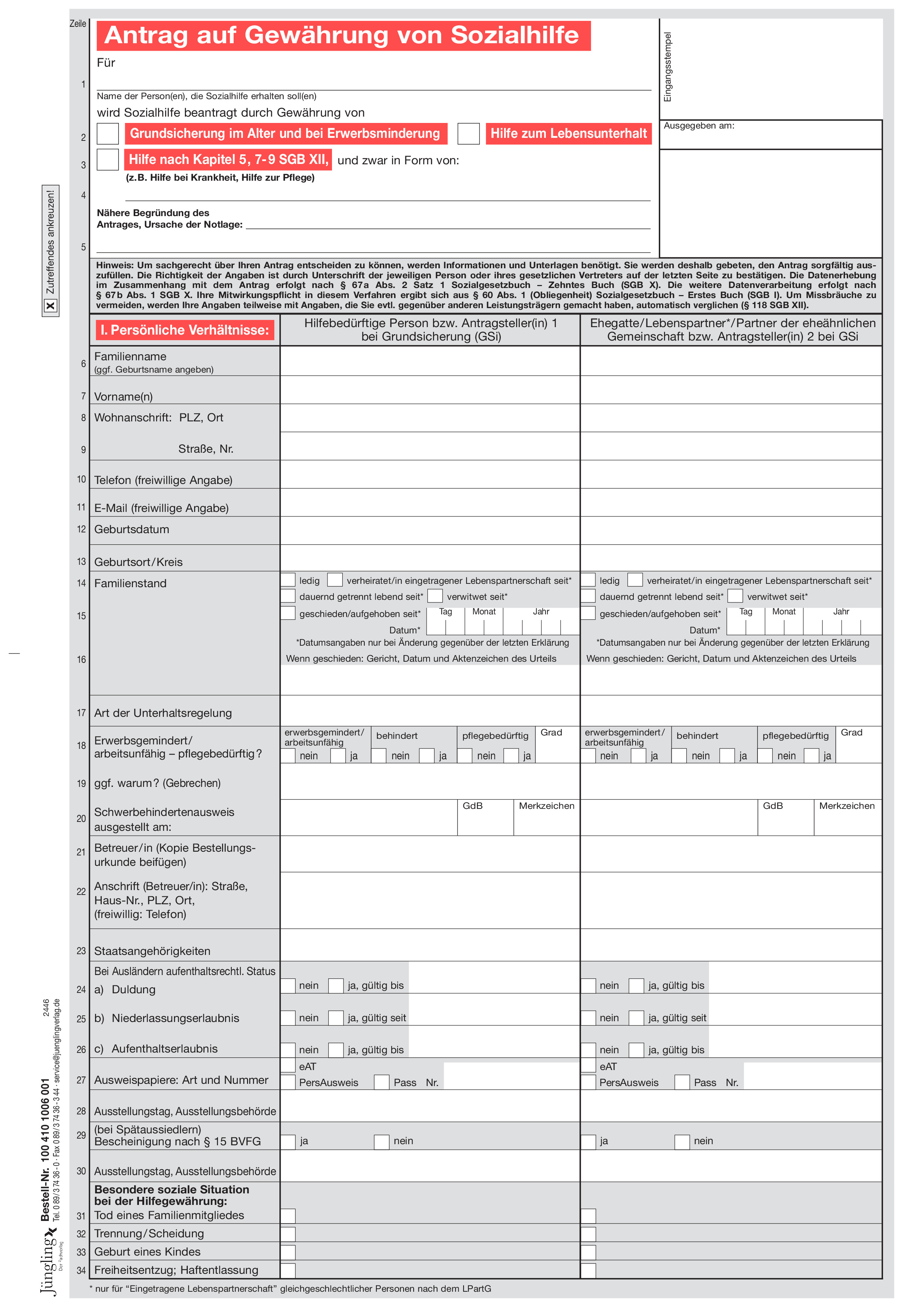 Antrag auf Gewährung von Sozialhilfe, 8-seitig, A4